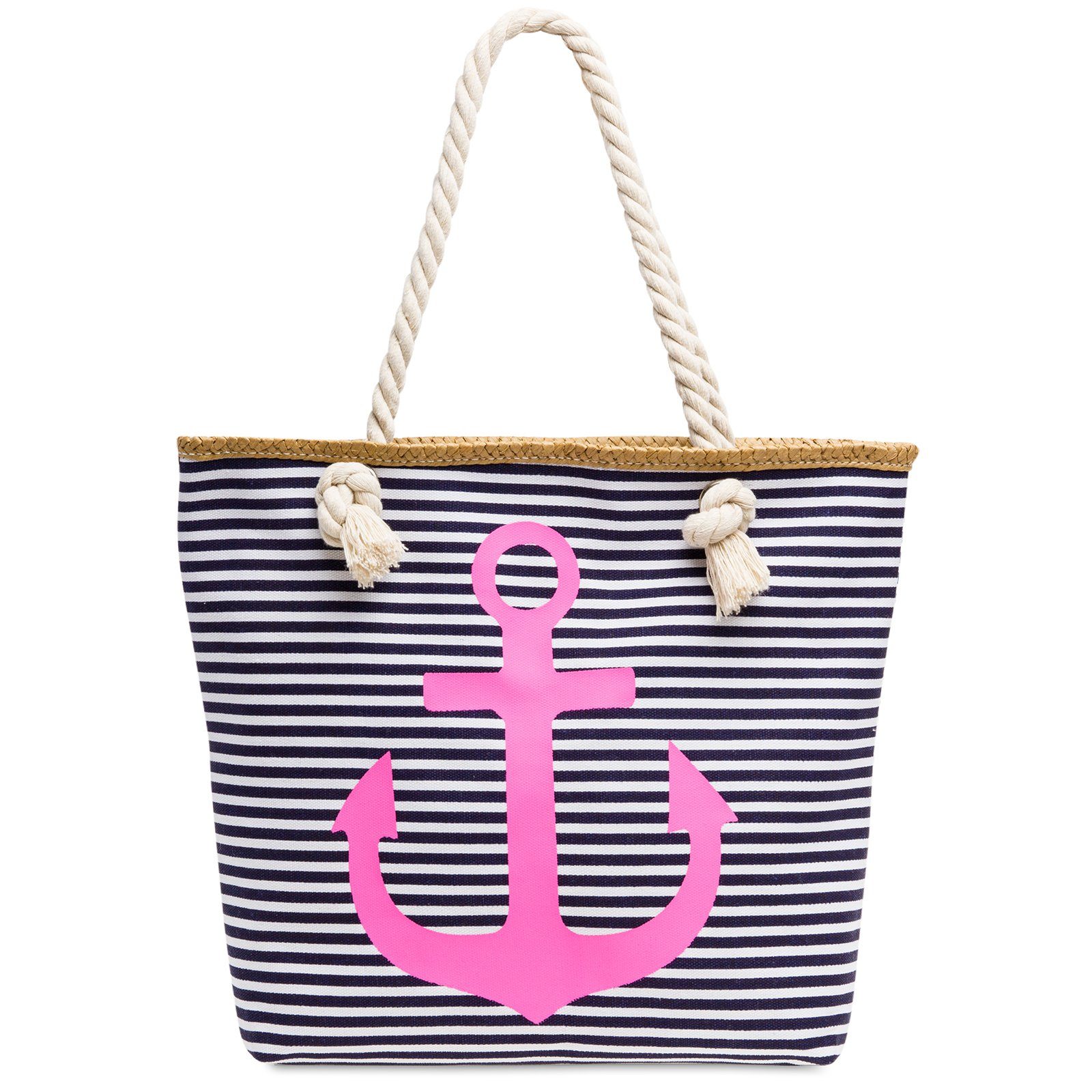 Caspar Strandtasche TS1040 Damen Strandtasche / Shopper mit Reißverschluss und maritimen Streifen ANKER Muster dunkelblau - pink