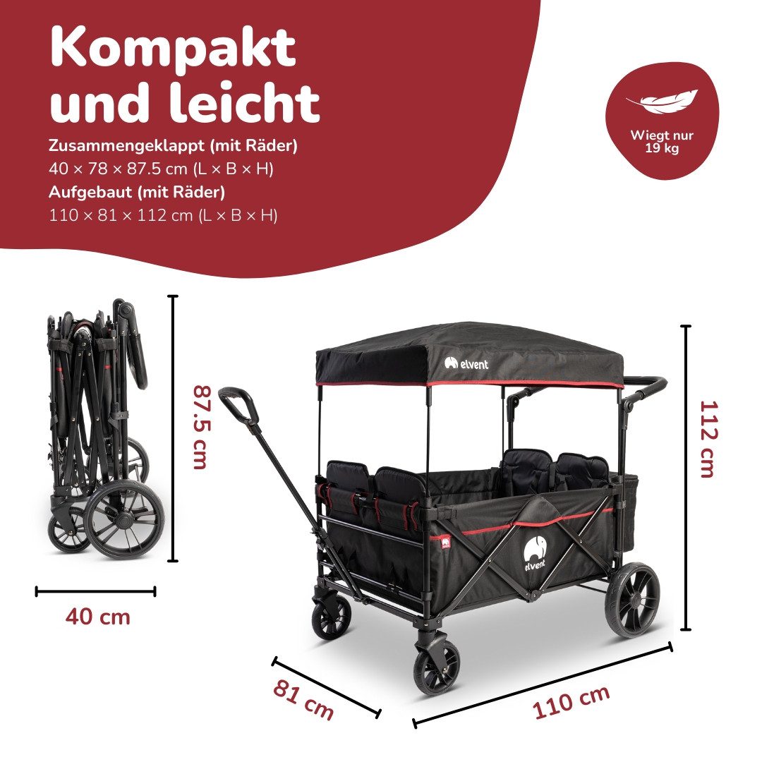 elvent Bollerwagen WagonPro City, Kompakt faltbar, Für 1-4 Kinder, Ideal für große Abenteuer