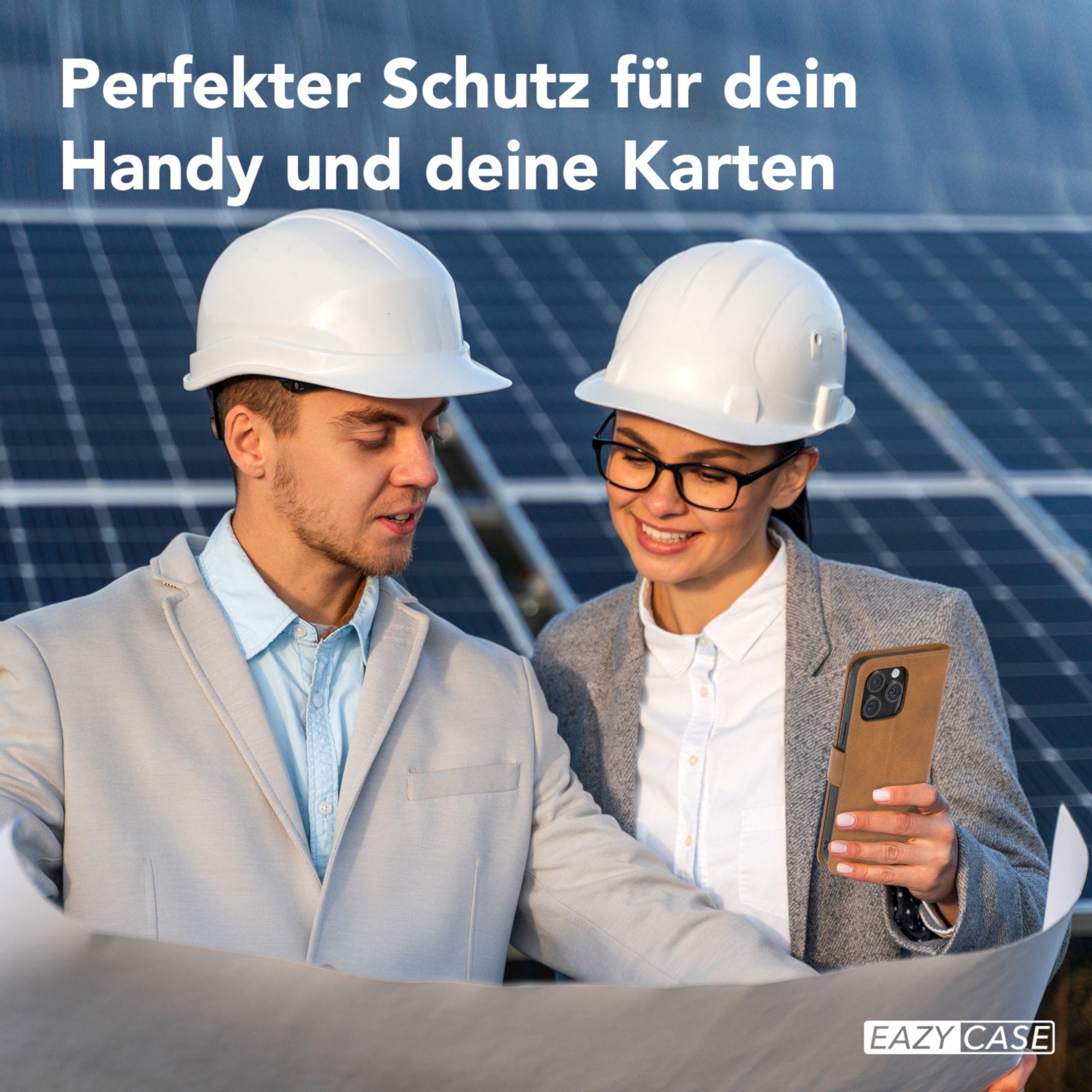 EAZY CASE Handyhülle Business Handytasche Kartenfach iPhone 15 Pro Max 6,7 Zoll, Flipcase mit Sichtfenster für Foto Klapp Hülle Kartenetui Hellbraun