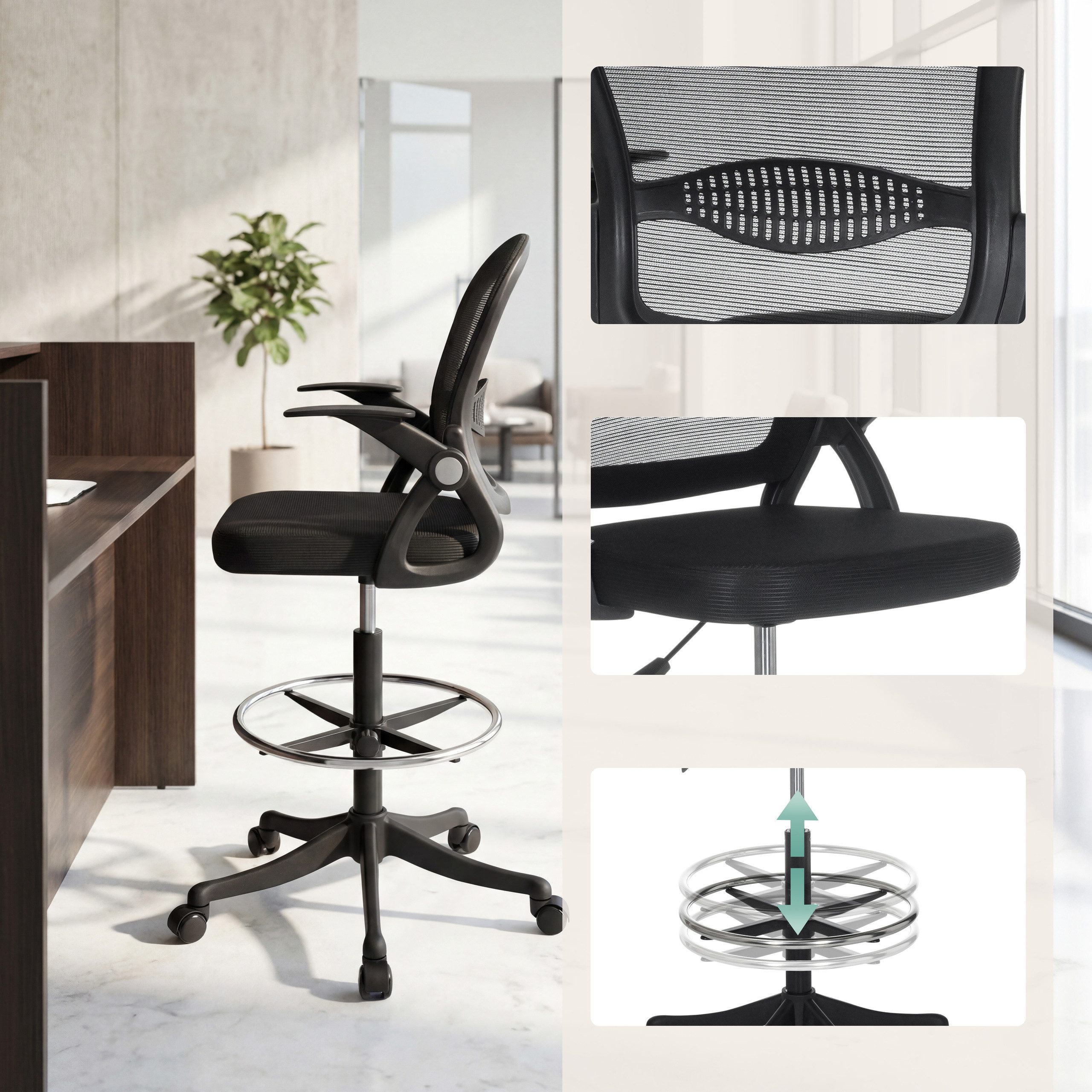 hjh OFFICE Drehstuhl Counterstuhl Naluro Work Stoff / Netzstoff (1 St), Arbeitsstuhl hoch, Bürostuhl mit Fußablage