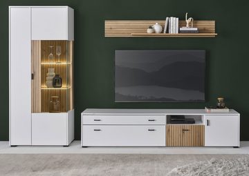 Furn.Design Wohnwand Merced, (Wohnzimmer Set in weiß mit Eiche, 3-St., 285 x 180 cm), mit Soft-Close, Staboptik