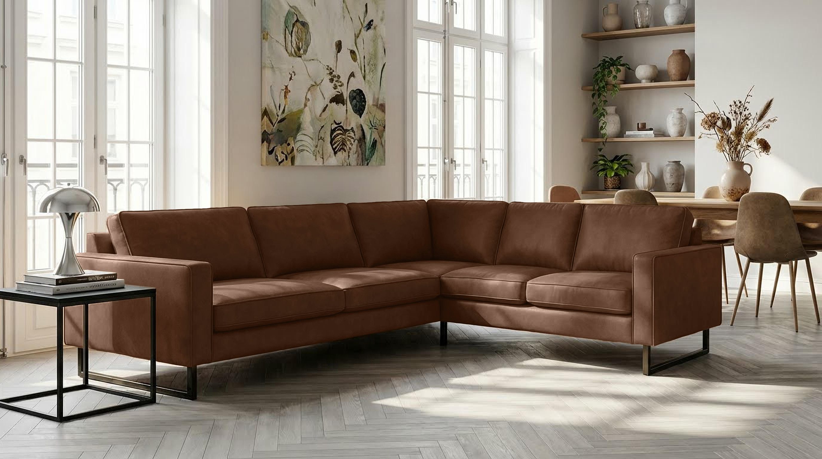 Home affaire Ecksofa Pinto, XXL, 250/290 cm, langer Schenkel, Ottomane, Cord, Chenille, Lederoptik, mit Keder, Metallfüße, Wellenunterfederung