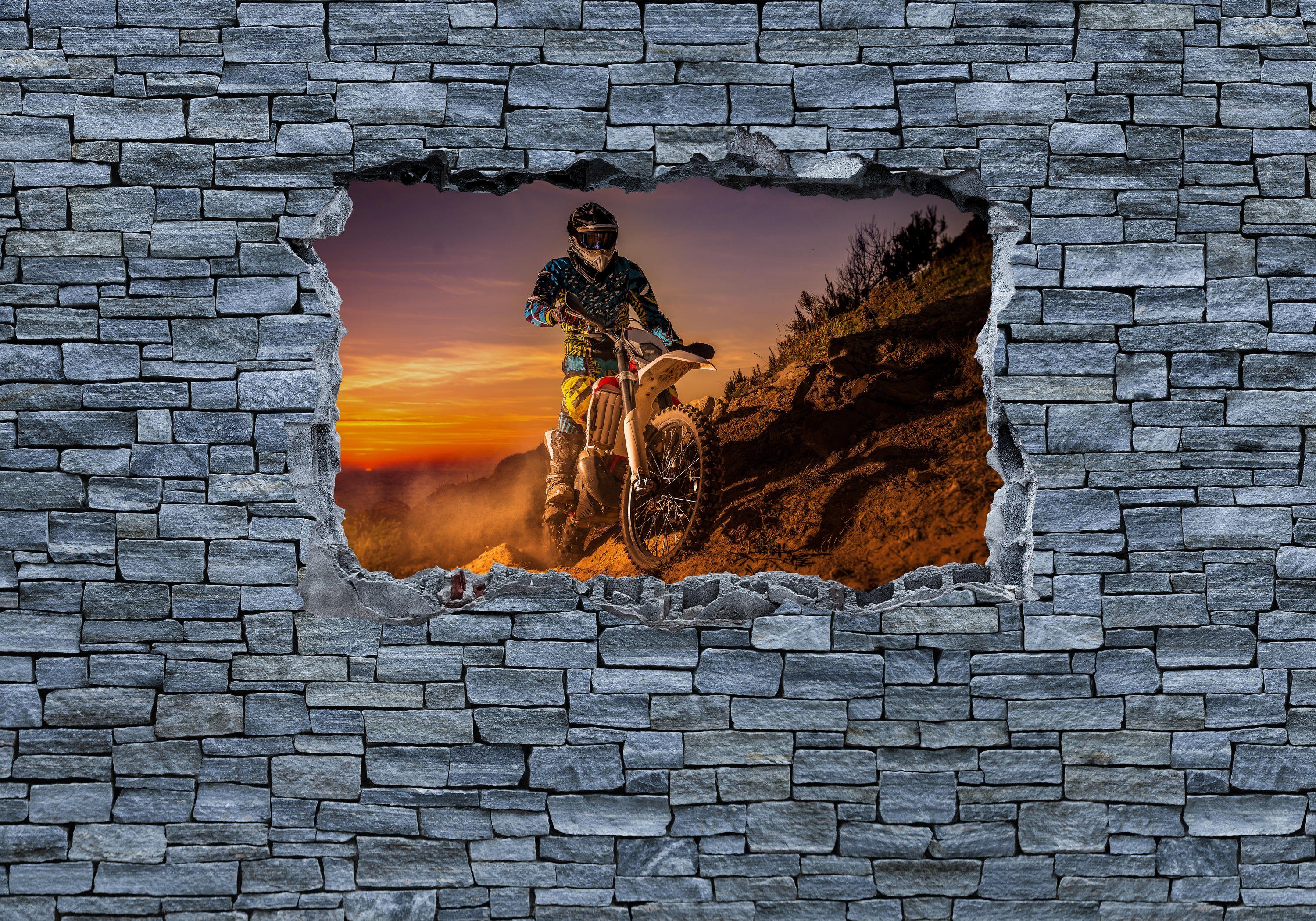 wandmotiv24 Fototapete 3D Extreme Biker- grobe Steinmauer, glatt, Wandtapete, Motivtapete, matt, Vliestapete