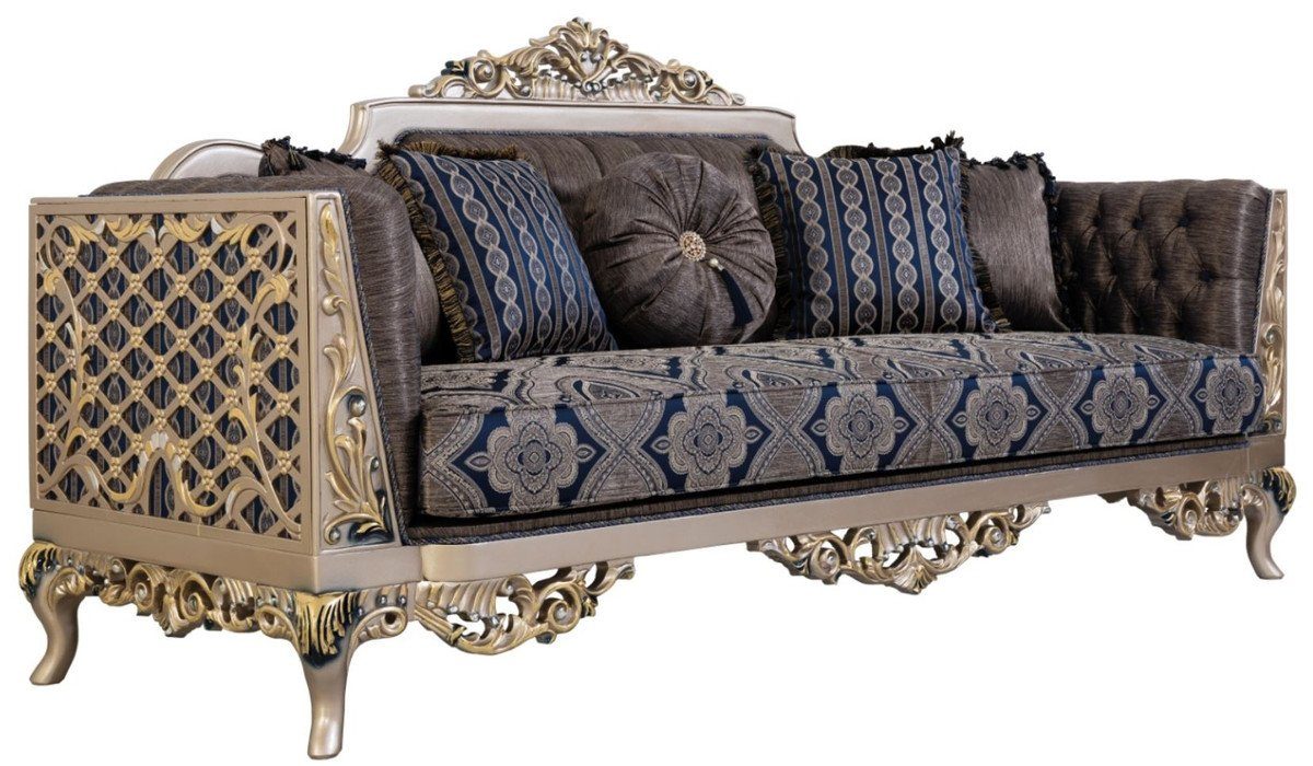 Casa Padrino Sofa Luxus Barock Sofa mit dekorativen Kissen Blau / Silber / Gold 226 x 90 x H. 110 cm - Barock Wohnzimmer Möbel