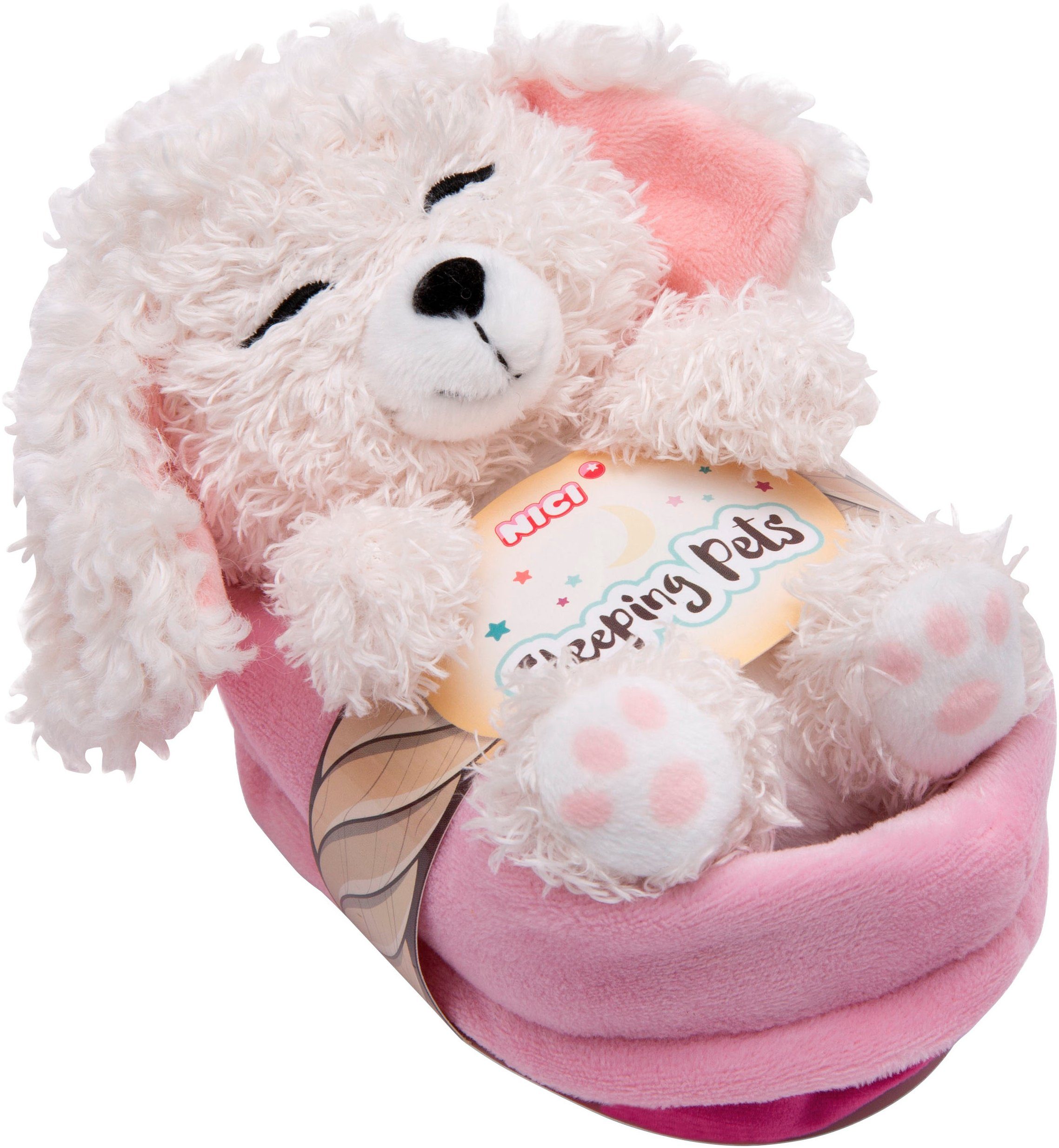 Nici Kuscheltier Sleeping Pets, Hund Pudel, 12 cm, im Körbchen, enthält recyceltes Material (Global Recycled Standard)