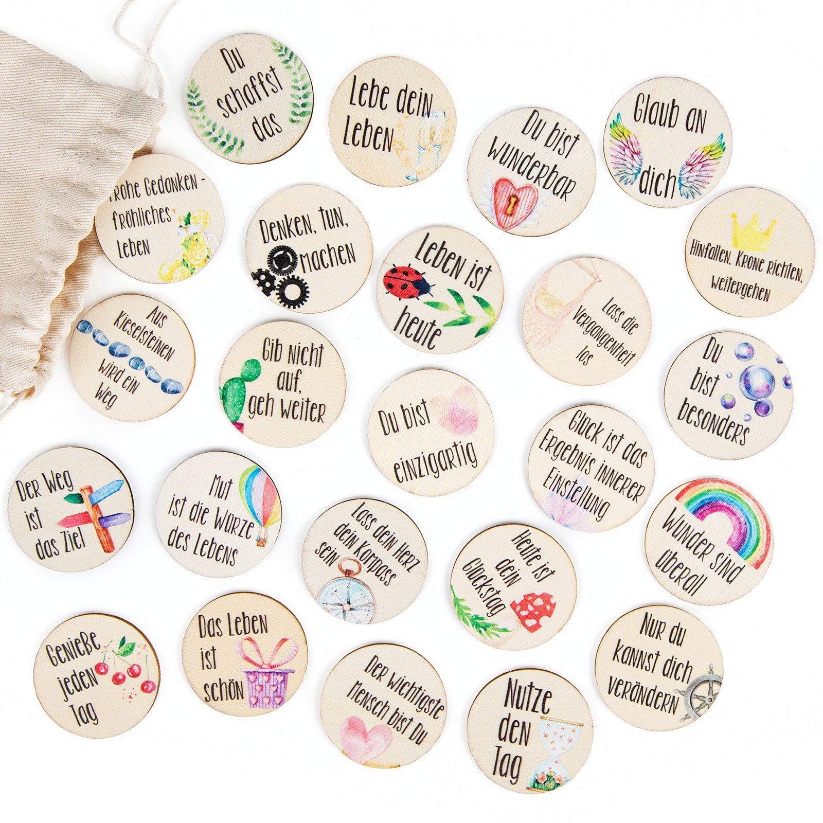 Logbuch-Verlag Dekofigur 24 Glückstaler aus Holz - mit Sprüchen zur Motivation - bunt Ø 4 cm