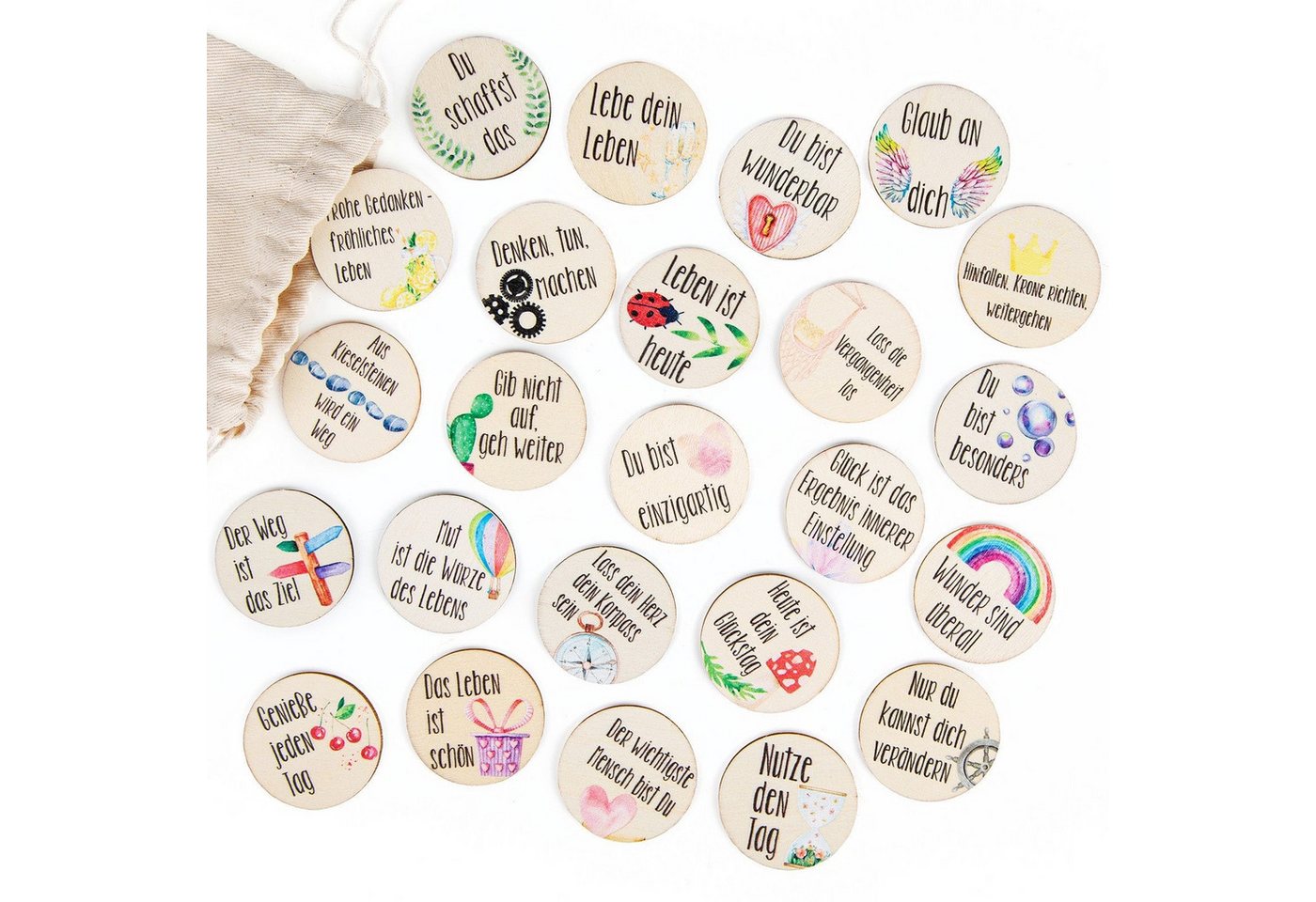 Logbuch-Verlag Dekofigur 24 Glückstaler aus Holz - mit Sprüchen zur Motivation - bunt Ø 4 cm