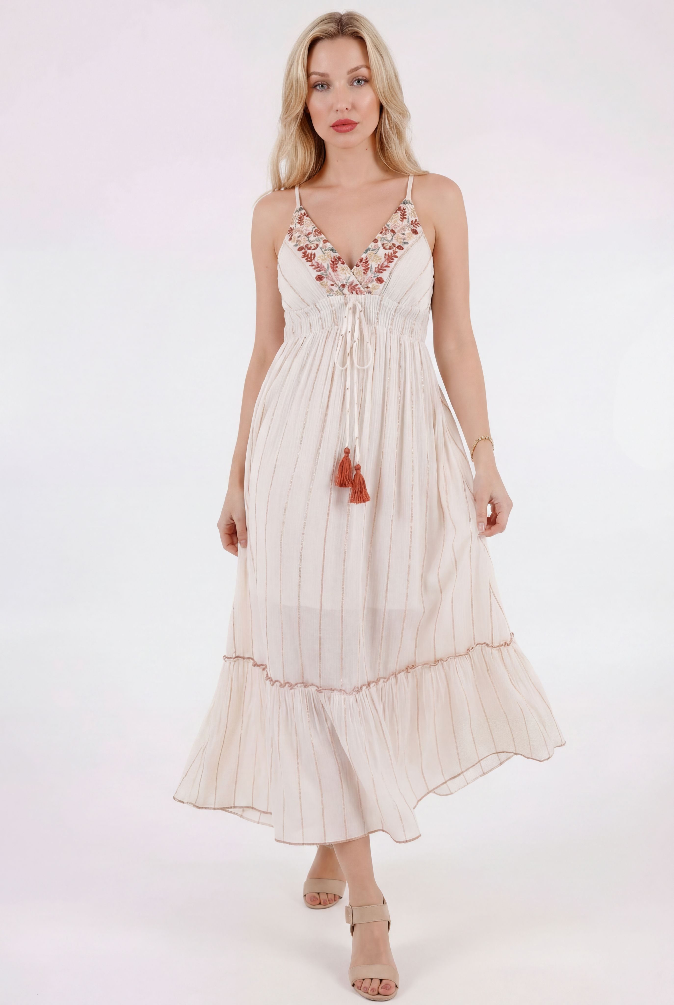 YC Fashion & Style Maxikleid Sommerkleid mit floraler Stickerei und elastischer Empire-Taille aus Viskose