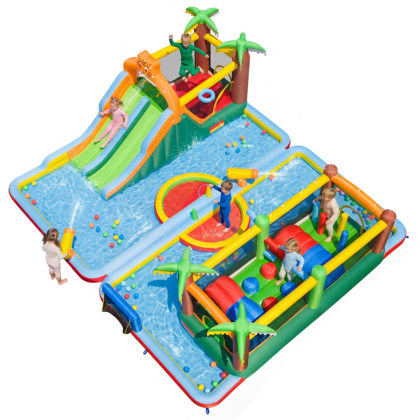 COSTWAY Hüpfburg Aufblasbarer Wasserpark XXL, mit 2 Rutschen, Sprungbereich, Kletterwand