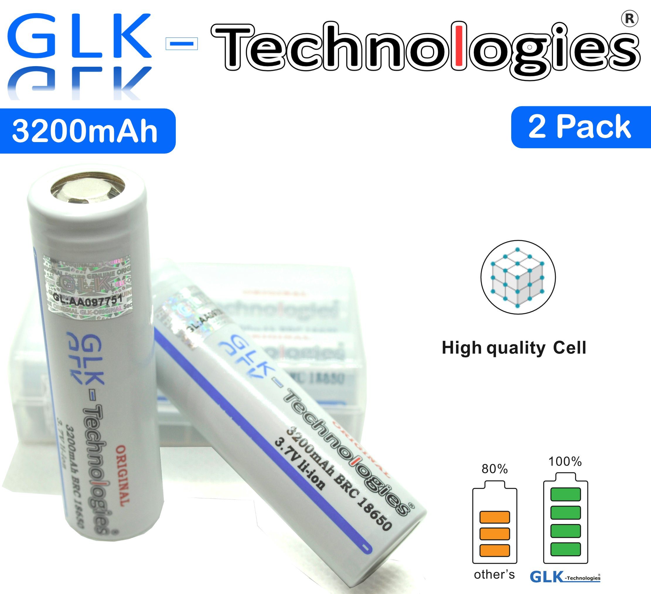 GLK-Technologies 2 Pack High Power Akkuzellen VTC6 Flat top, 3200 mAh, 30A / 3,7V Akku LED Taschenlampe Weihnachtsolarleuchte Stromversorgung und mehr, 18650 Wiederaufladbarer Batterie, 2022 B.j Zusatz-Akku 3200 mAh (3.7 V)