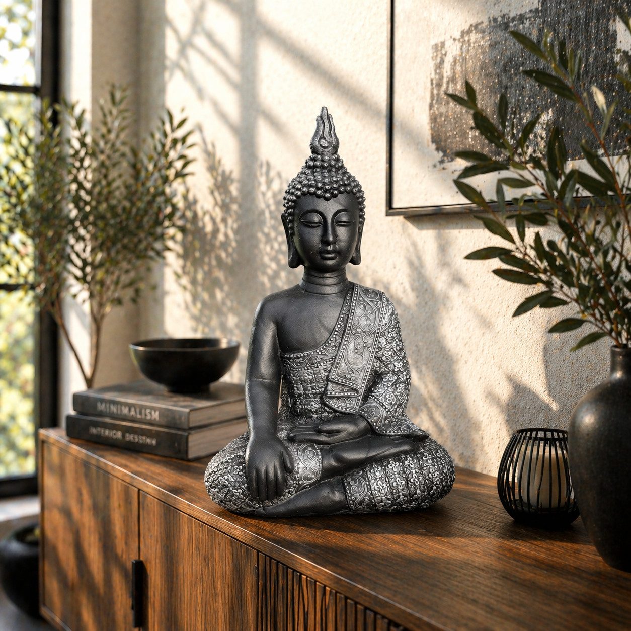 K&L Wall Art Buddhafigur Boho Buddha Statue Kunststein Beton Feng Shui Deko (1, Gartenfigur), 45cm große Steinfigur