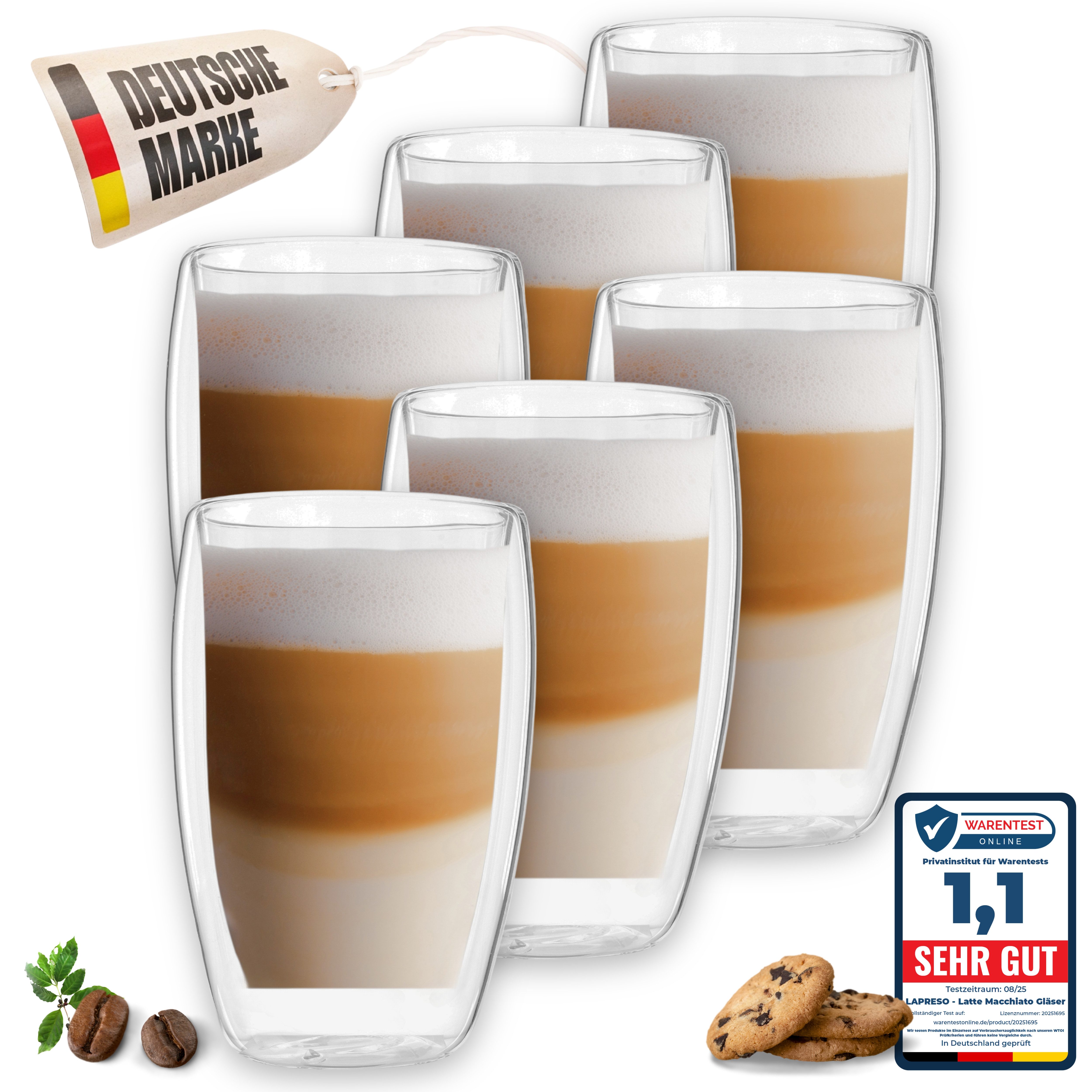 LAPRESO Latte-Macchiato-Glas Doppelwandig, Thermogläser Кофейные стаканы Set 350 & 450 ml, Borosilikatglas, 6er Set