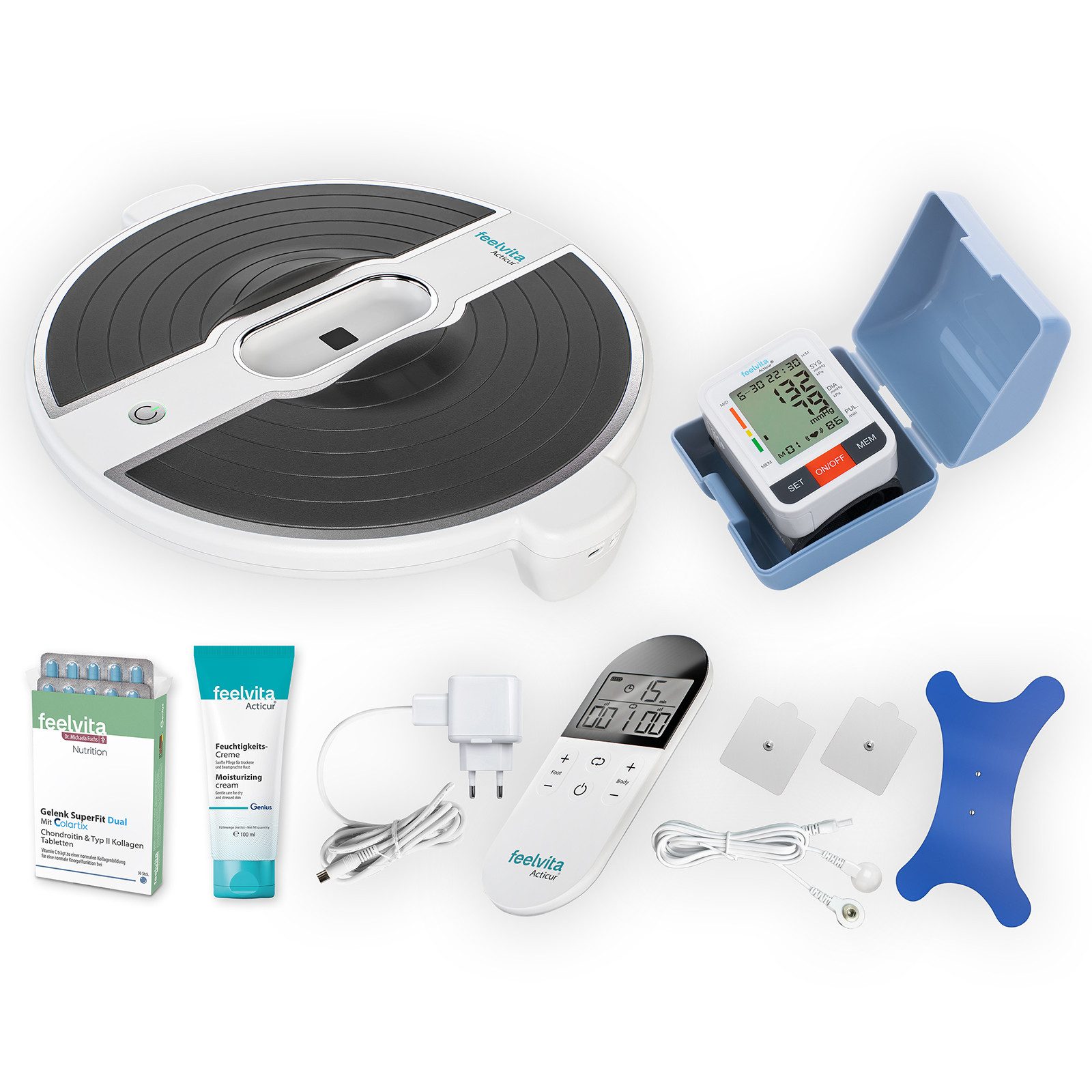 Genius EMS-Fußmassage-Gerät Feelvita Acticur Aktiv SET EMS Bein-Fuß Stimulator & SuperFit, (14-tlg. Set), Praktisches Schwenkelement -- FlexShifter