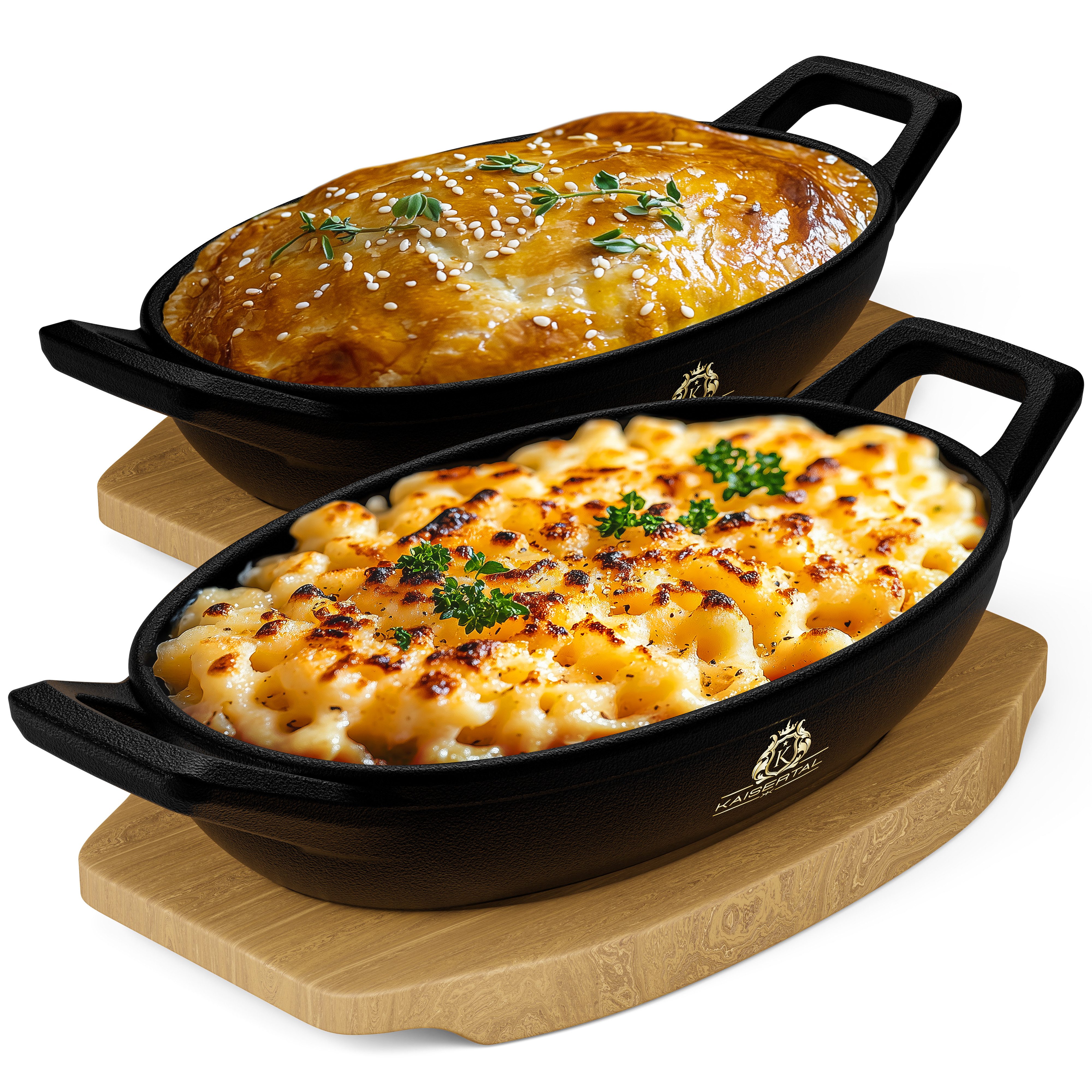 Kaisertal Servierpfanne KAISERTAL Gusseisen Servierpfanne mit Holzbrett 15x10 cm, Gusseisen, Für Induktion, Backofen uvm.