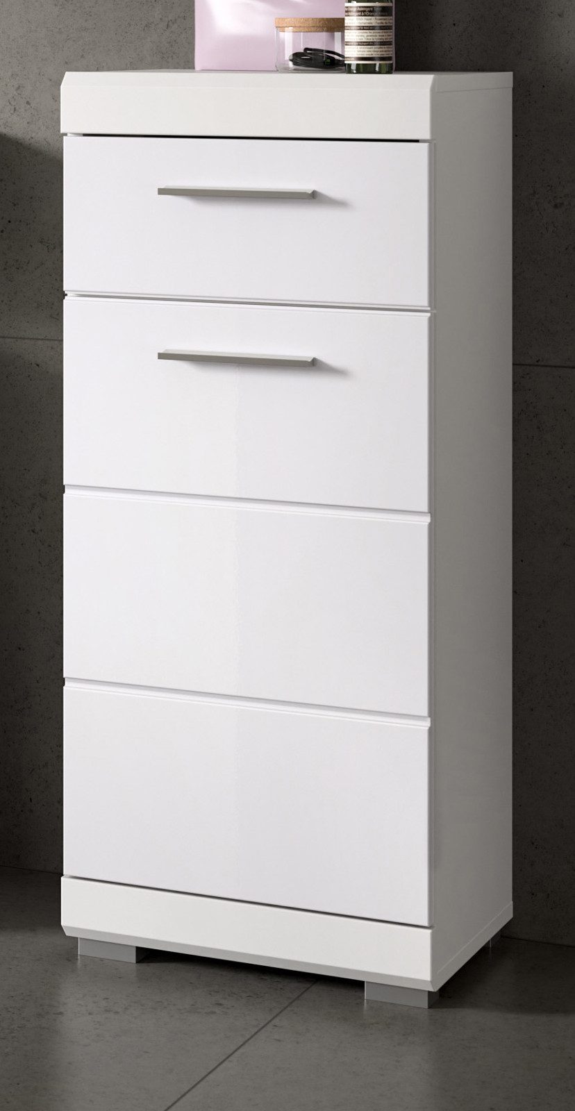 Inn.Furn Badkommode Shawn (Badschrank in weiß Hochglanz, 37 x 88 cm), mit Schublade und Fächern