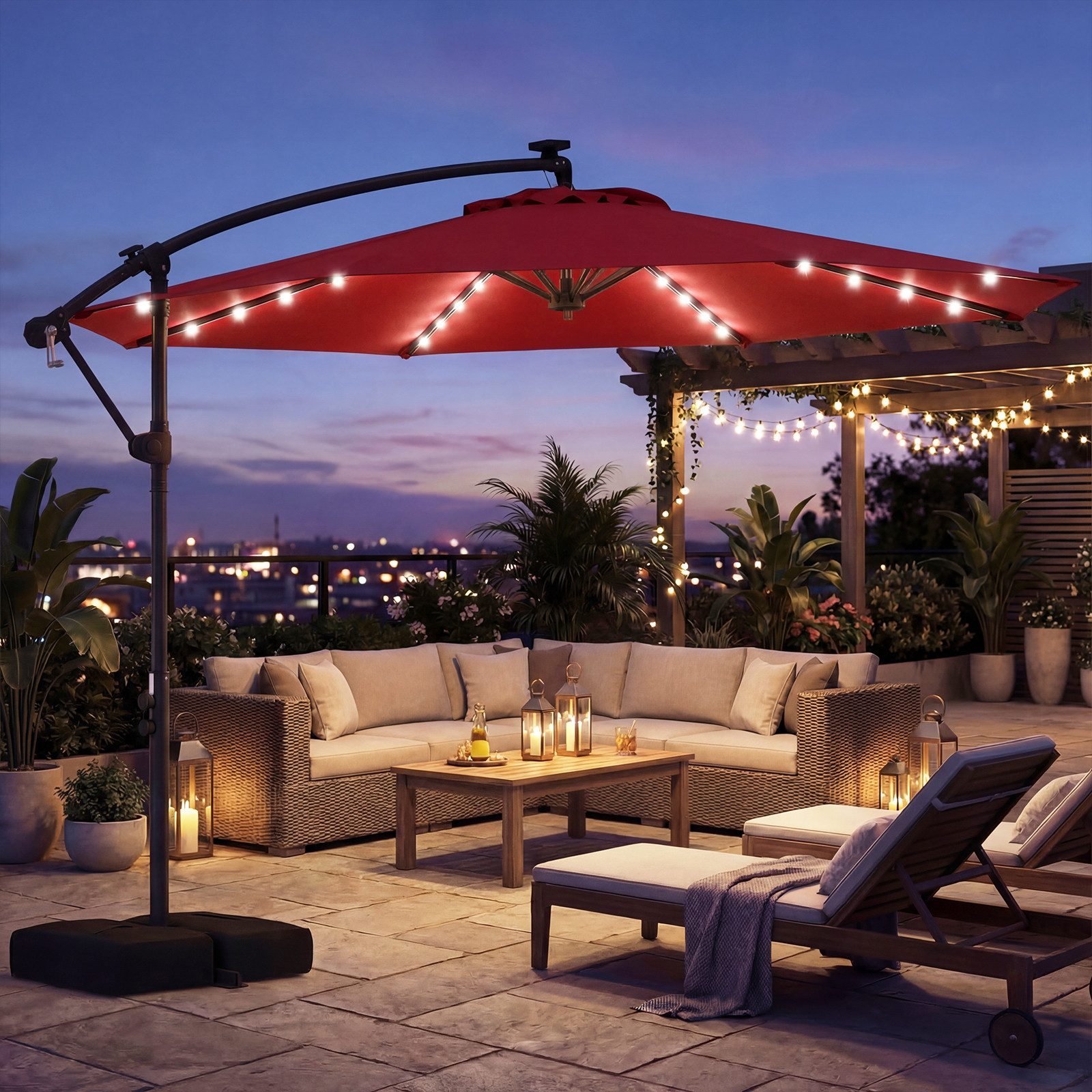 COSTWAY Sonnenschirm Balkonschirm, mit Ständer und LED, 300 cm Ampelschirm 360° drehbar