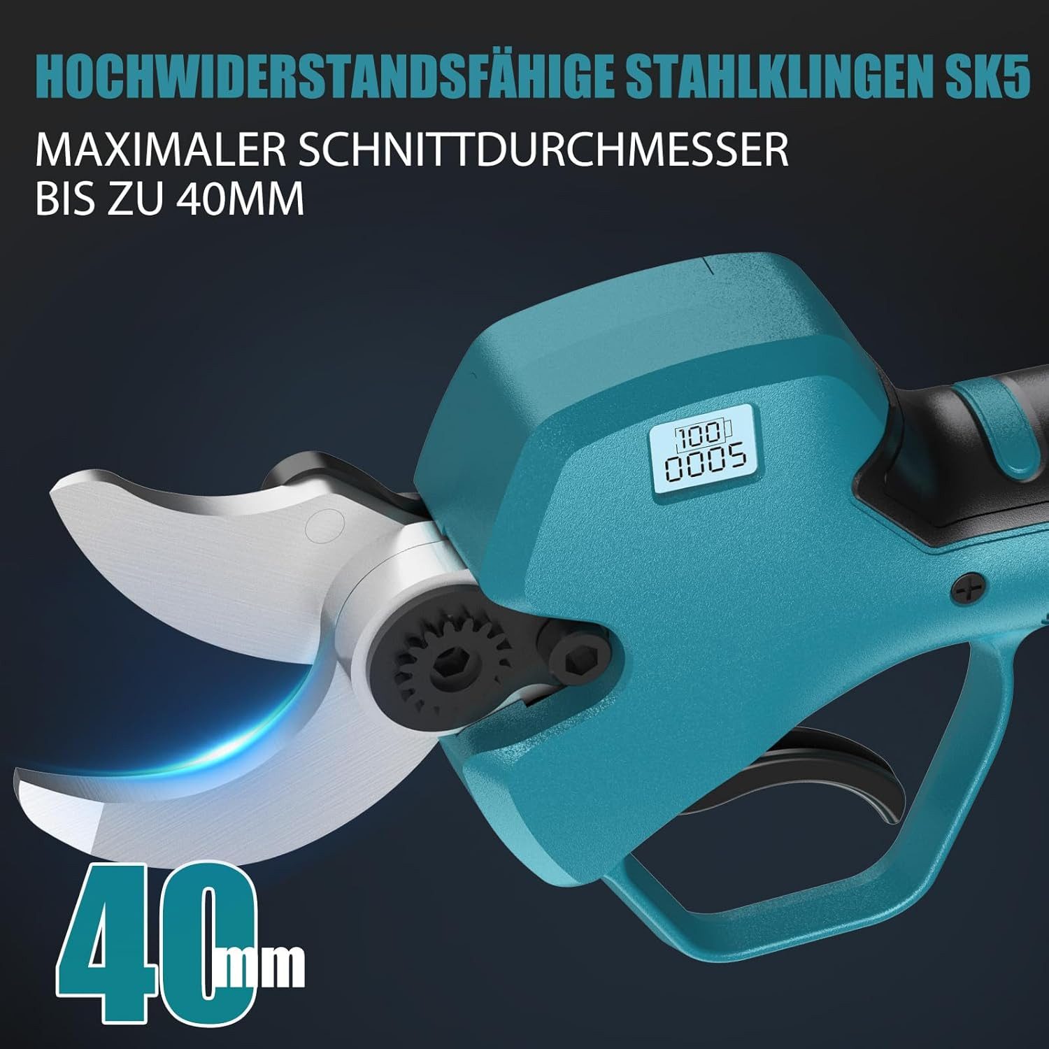Rinoxar Akku-Astschere 40mm Akku Astschere, Elektrische Gartenschere mit 2x2000mAh Batterien, Bürstenloser Motor, Elektrische Baumschere für Garten Äste Obstgärten