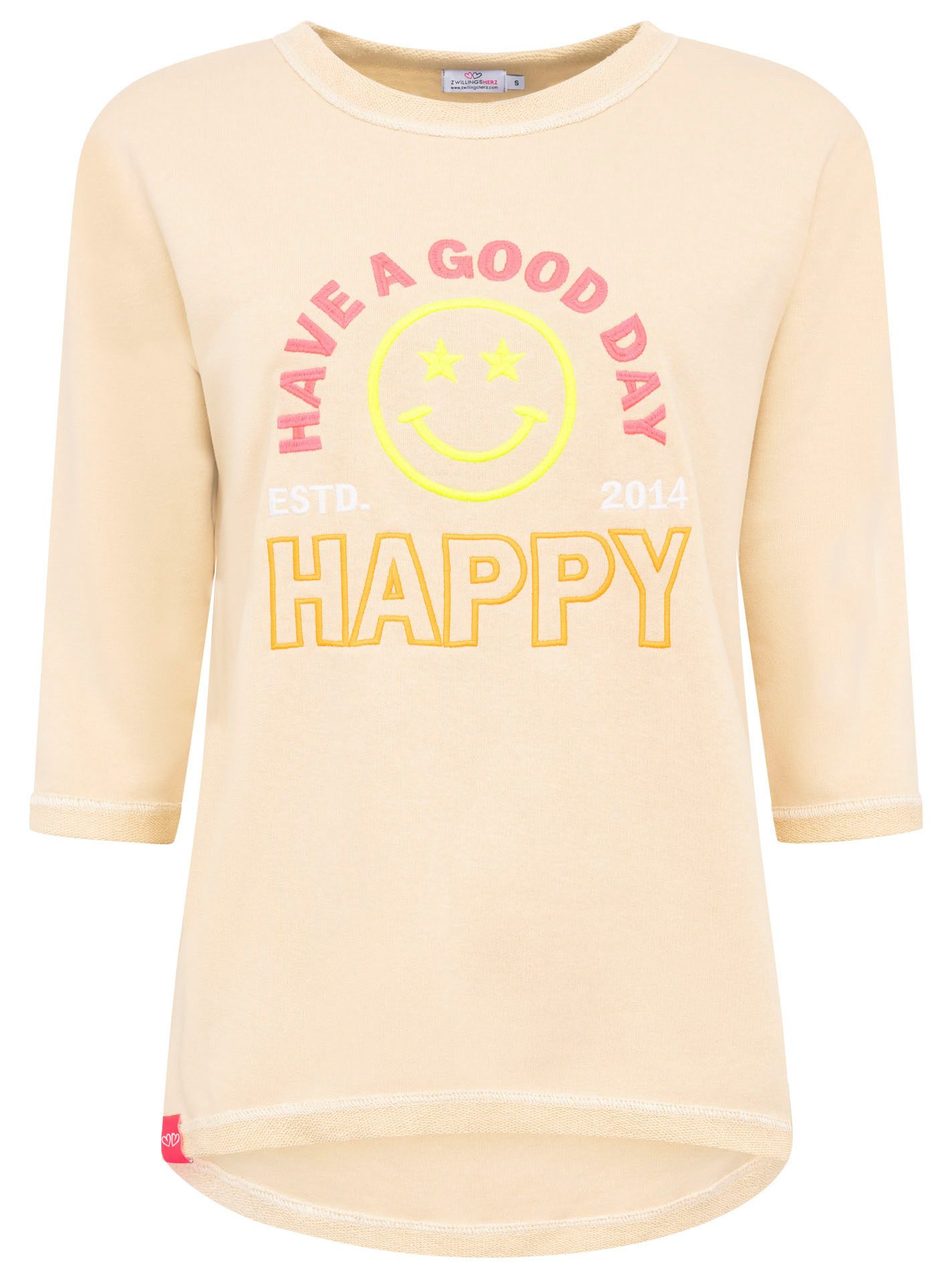 Zwillingsherz Langarmshirt "Happy" 3/4-Arm, Rundhalsausschnitt, Stickerei