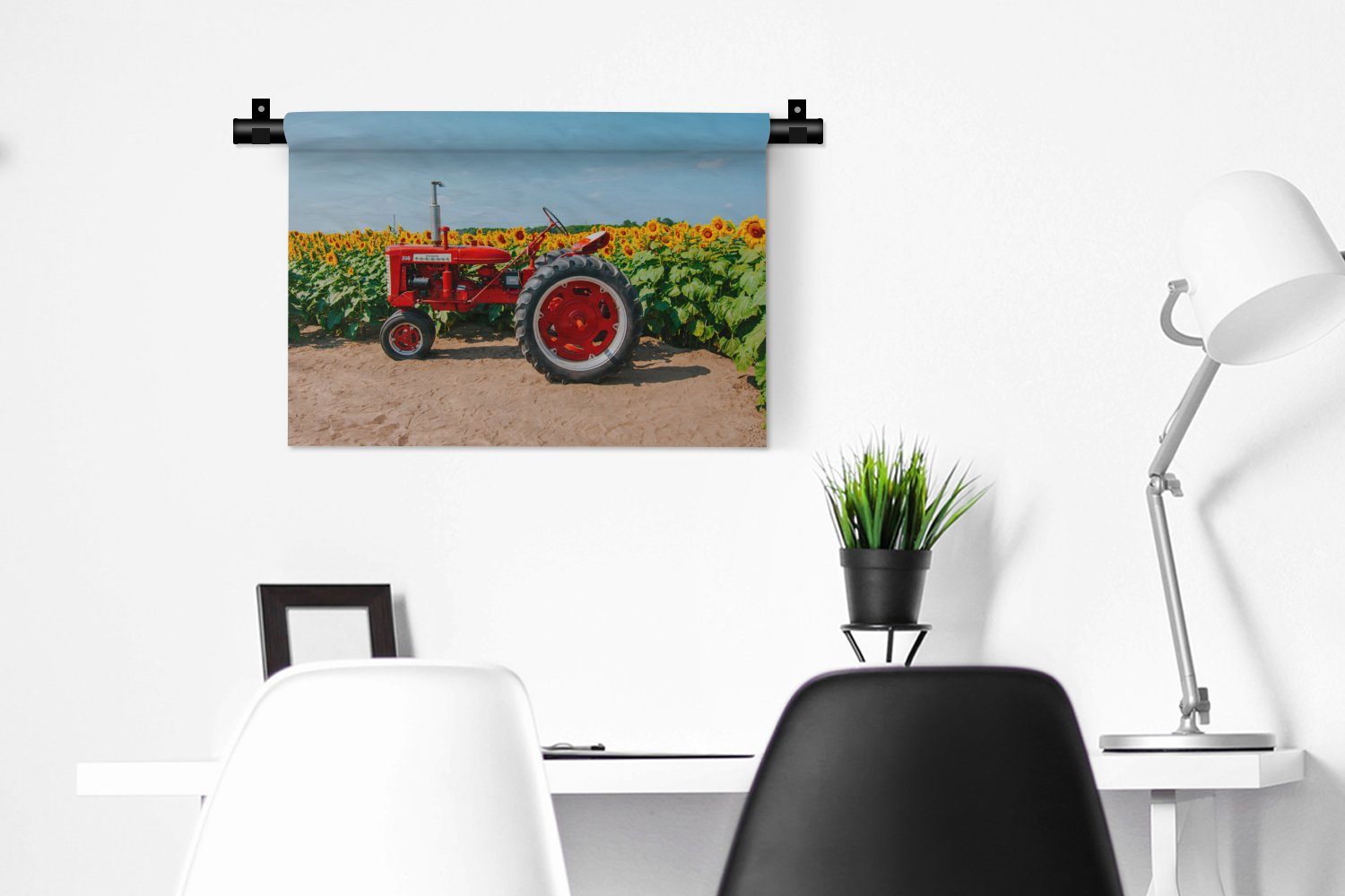 Rot Wanddeko Bauernhof - Wanddekoobjekt Blumen, Kleid, MuchoWow - - Schlafzimmer, - Traktor Sonnenblume Wandbehang, Kinderzimmer Wohnzimmer, für