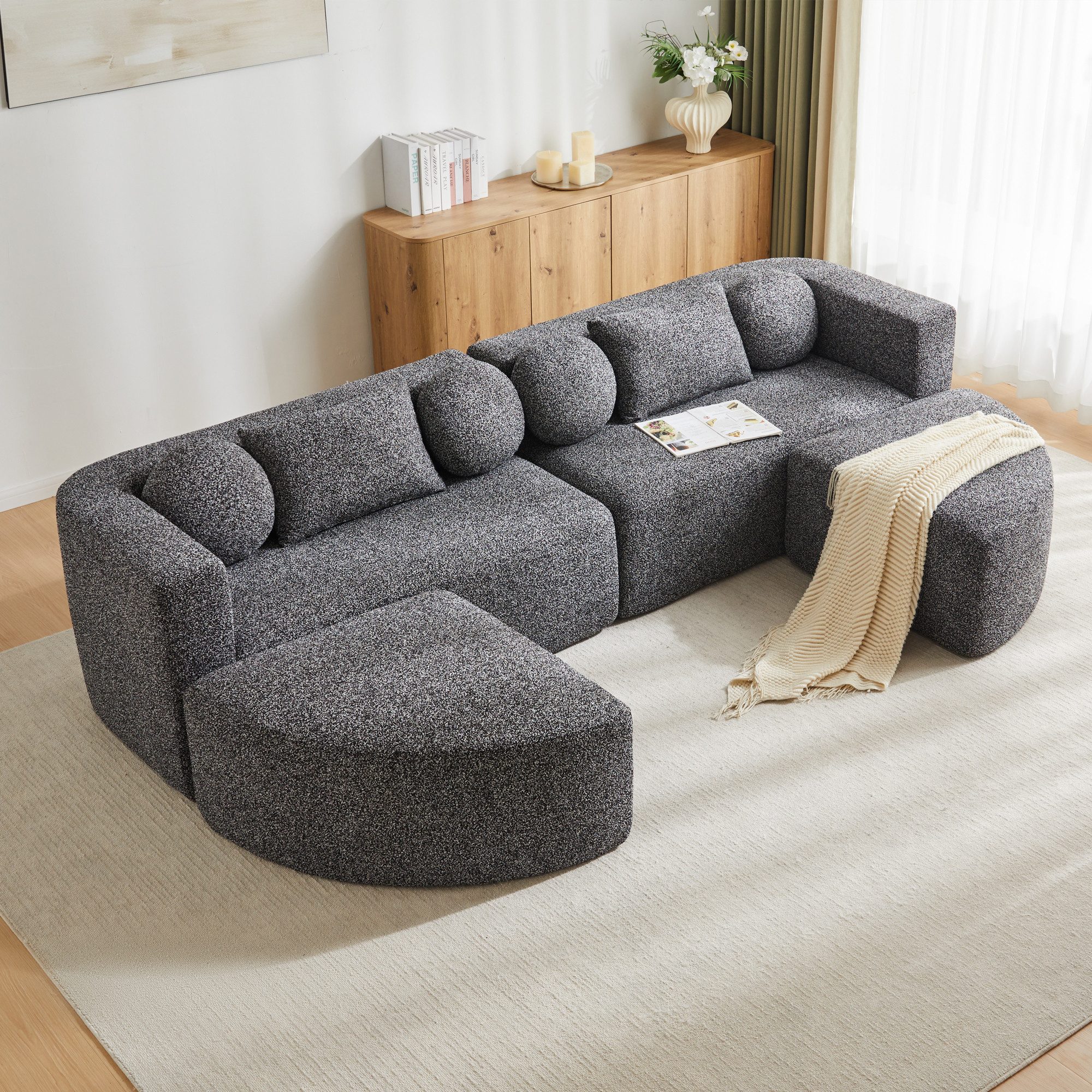 Flieks Sofa Modulare Ecksofa mit Schlaffunktion U-Form, keine Montage erforderlich 4 Teile, Multifunktional Schlafsofa Cloud Couch Chenillestoff Schwarzmischung