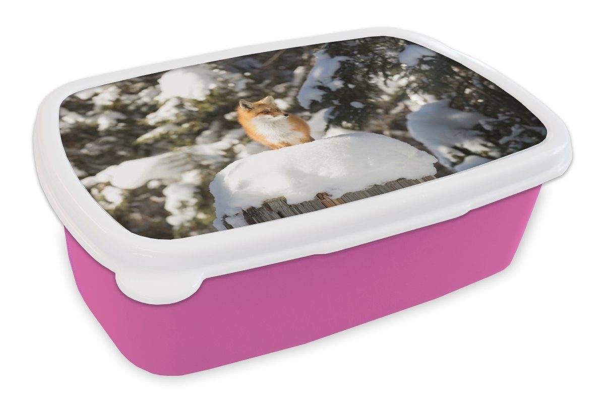 MuchoWow Lunchbox Fuchs - Schnee - Baum, Kunststoff, (2-tlg), Brotbox für Erwachsene, Brotdose Kinder, Snackbox, Mädchen, Kunststoff rosa