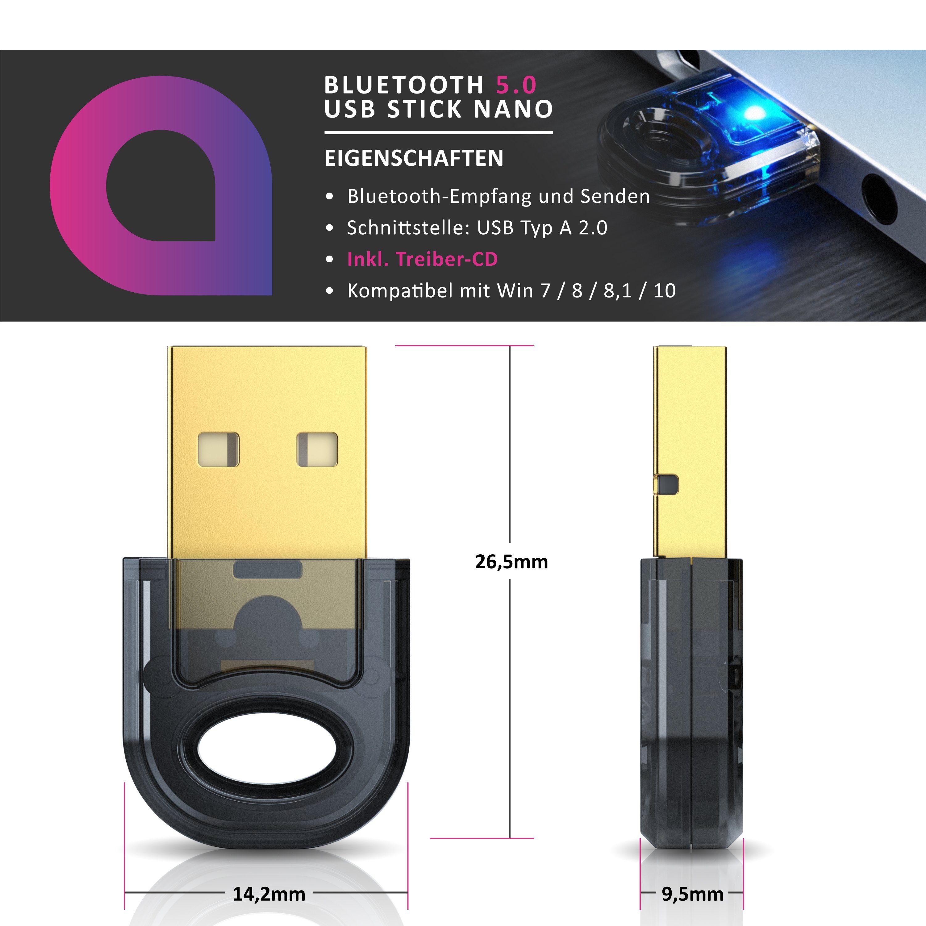 Aplic USB BT 5.0 Stick / Dongle, hohe Reichweite, inkl. Treiber, BT Adapter Bluetooth-Adapter, Bluetooth Empfänger & Sender: PC Laptop Drucker Headset Windows 8.1-11