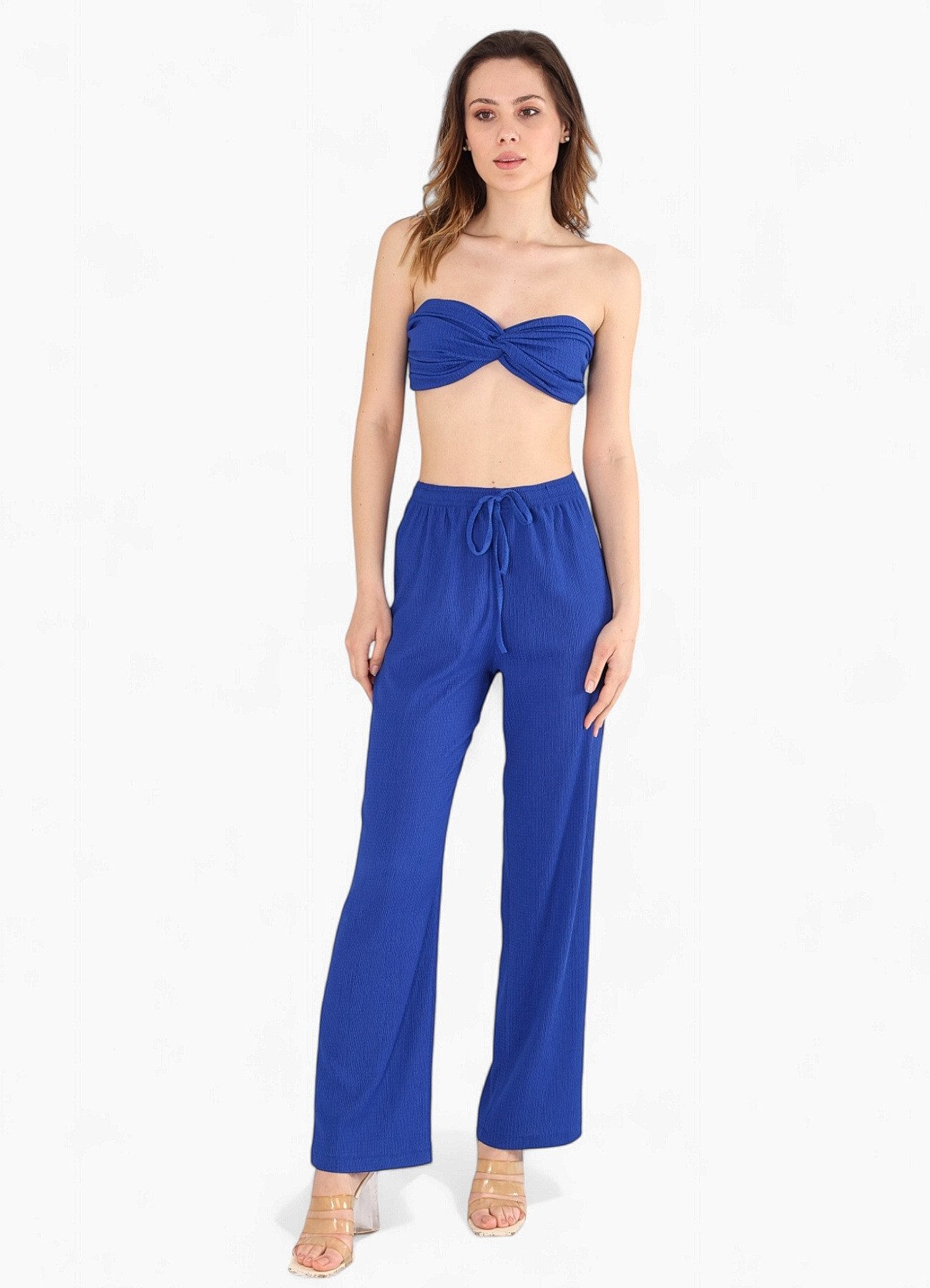fashionshowcase Palazzohose Damen Crinkle-Hose mit elastischem Bund hoher Bund, elastischer Tunnelzug