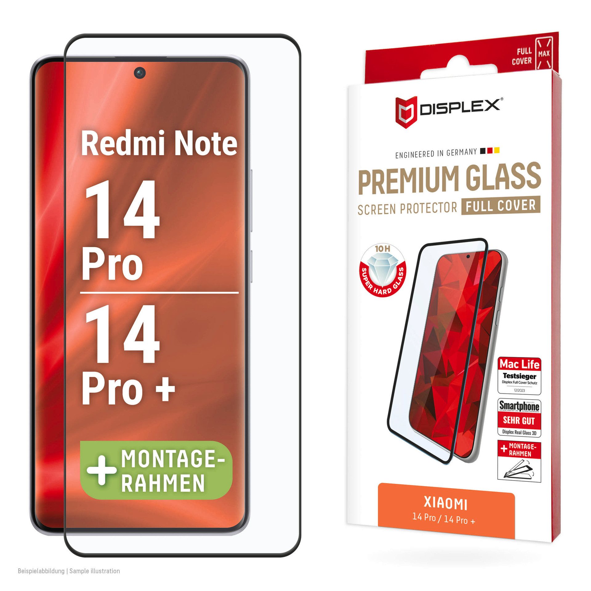 Displex Displayschutzglas Premium Glass Screen Protector (Full Cover) für Xiaomi Redmi Note 13 Pro+, Xiaomi Redmi Note 14 Pro, Xiaomi Redmi Note 14 Pro+, Displayschutzfolie, Schutzfolie, Bildschirmschutz, kratz- & stoßfest