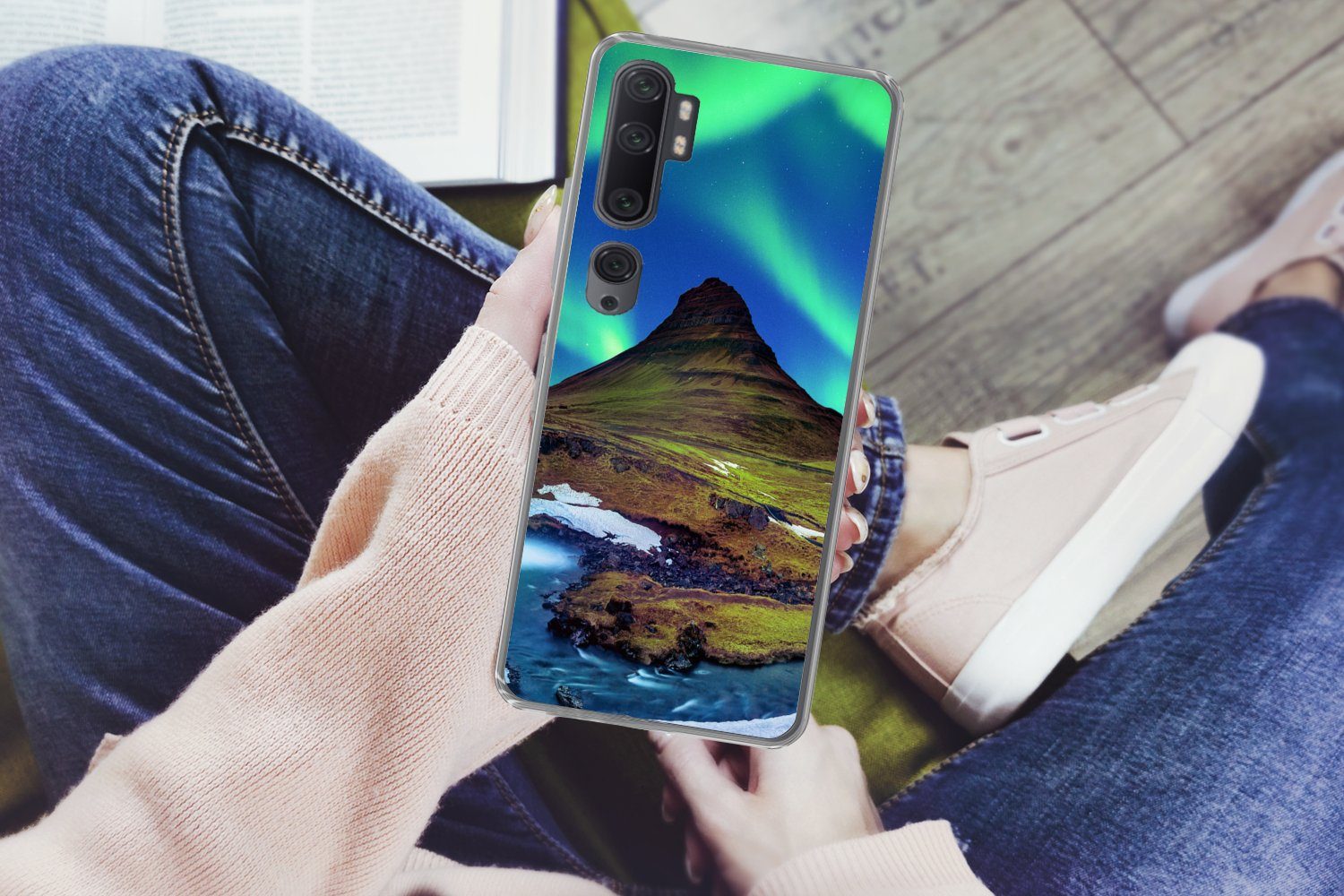 MuchoWow Handyhülle für Xiaomi Mi Note 10 Pro Nordlicht - Sternenhimmel - Island - Berg -