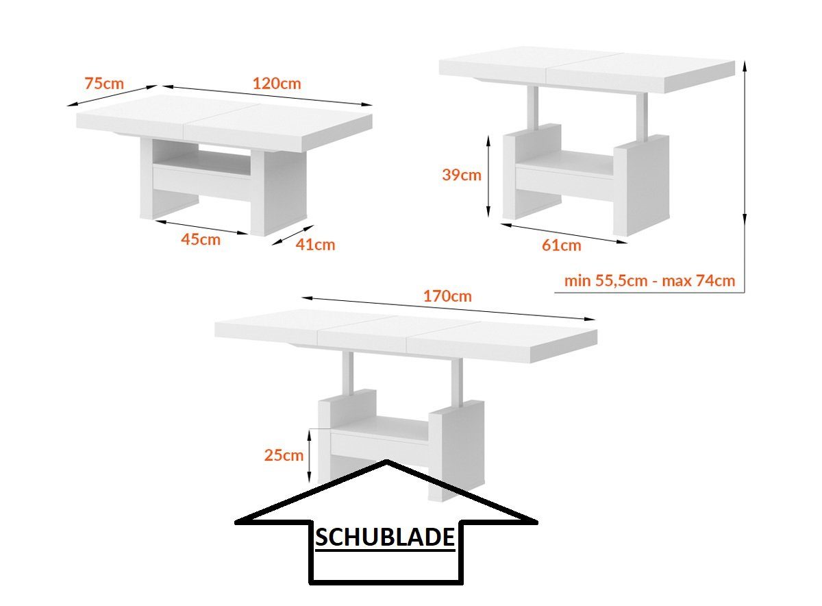 ausziehbar höhenverstellbar designimpex Grau / Anthrazit Anthrazit HOCHGLANZ Hochglanz Grau HLU-111 MATT/Weiß Couchtisch