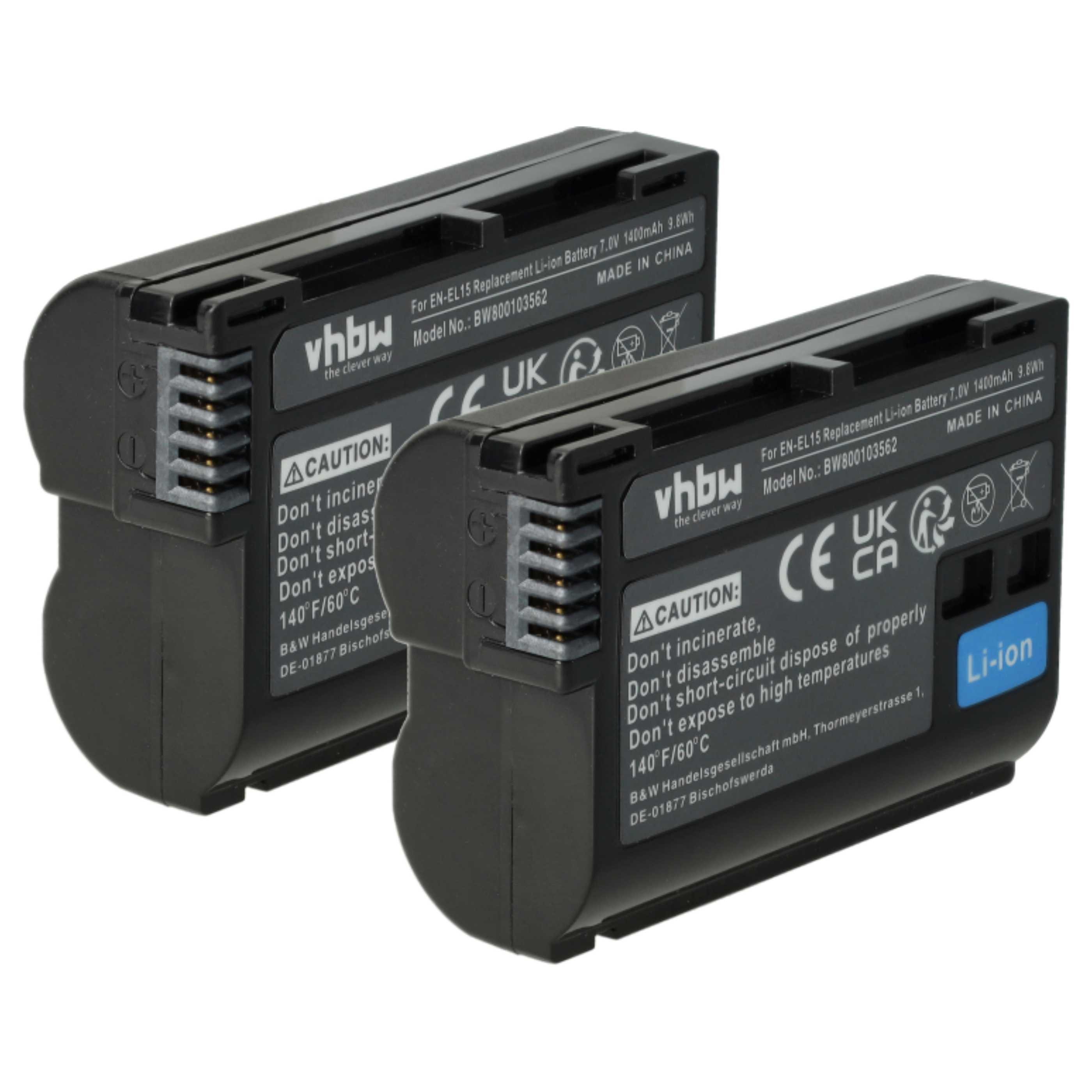 vhbw Akku passend für Nikon WT-7, Z6 II, Z5 II, Z6 III, Z7, Z7 II, Z6, ZR, Kamera-Akku Akku Li-Ion 1400 mAh (7 V, 2 St), Leistungsfähige Austausch-Akkus für Digitalkamera, Spiegelreflexkamera