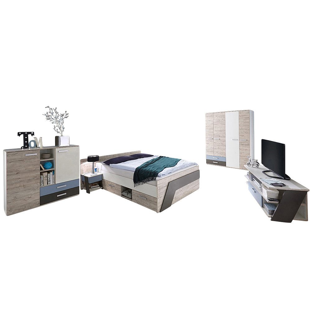 Lomadox Jugendzimmer-Set LEEDS-10, (Sparset, 5-tlg), Sandeiche Nb. mit weiß Lava und Denim Blau