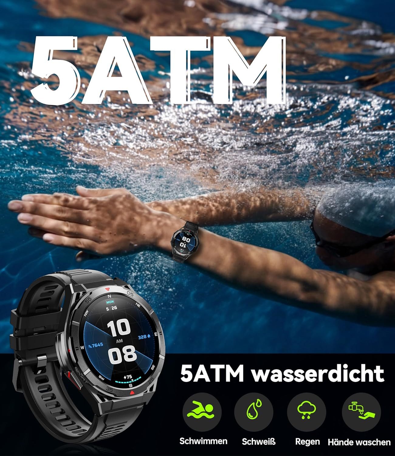 OUKITEL Herren's GPS - 5ATM Wasserdicht Militär Fitnessuhr Smartwatch (1,43 Zoll, Android/iOS), Kompass Luftdruck, 480mAh Akku 100+ Sportmodi, mit AMOLED Display Herzfrequenz Oxymetrie Schlafüberwachung