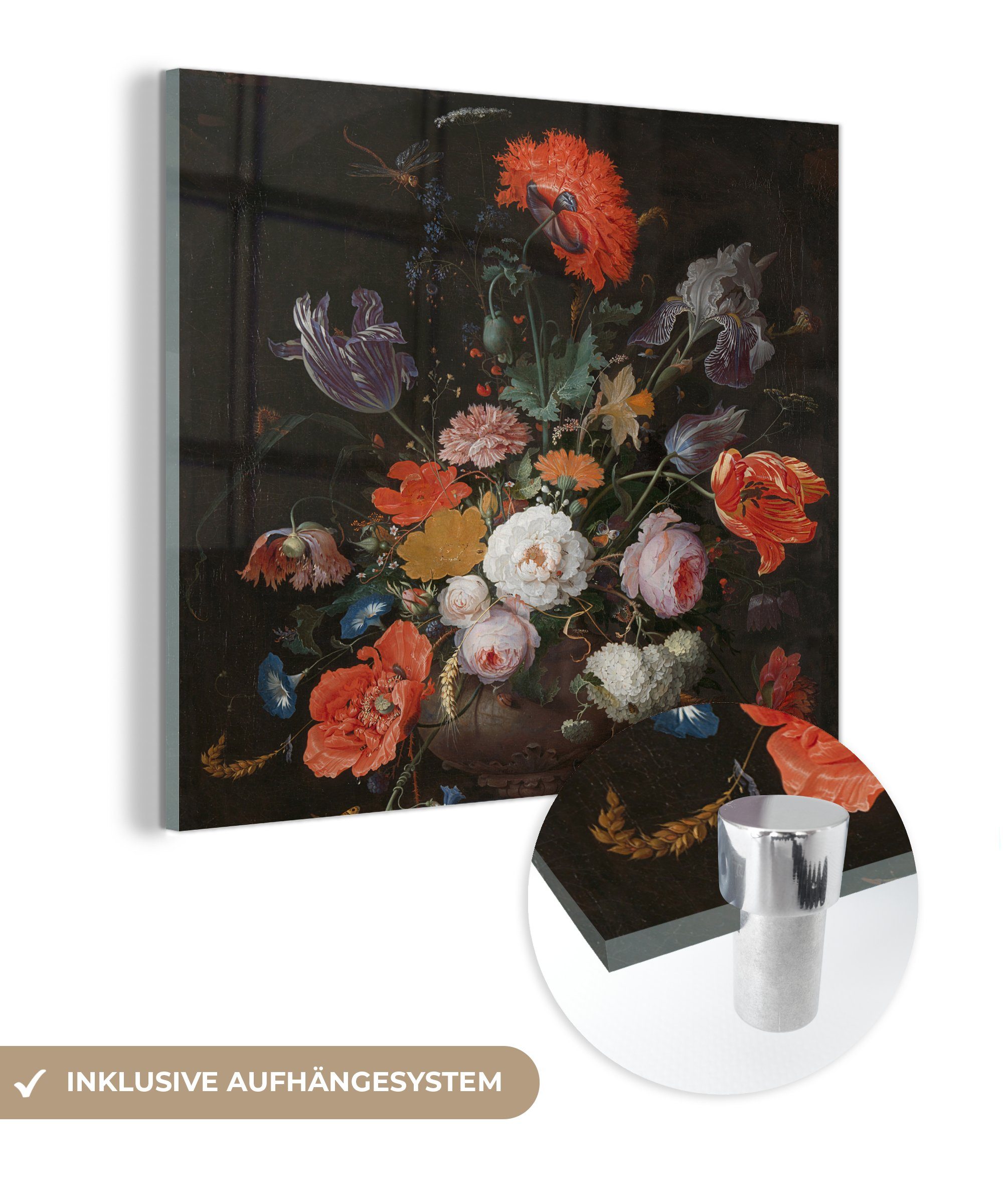 MuchoWow von Glas - Gemälde Abraham Acrylglasbild Uhr - - Wandbild auf Stilleben einer Bilder Wanddekoration Glasbilder Foto (1 St), auf Blumen - Mignon, und Glas bunt mit
