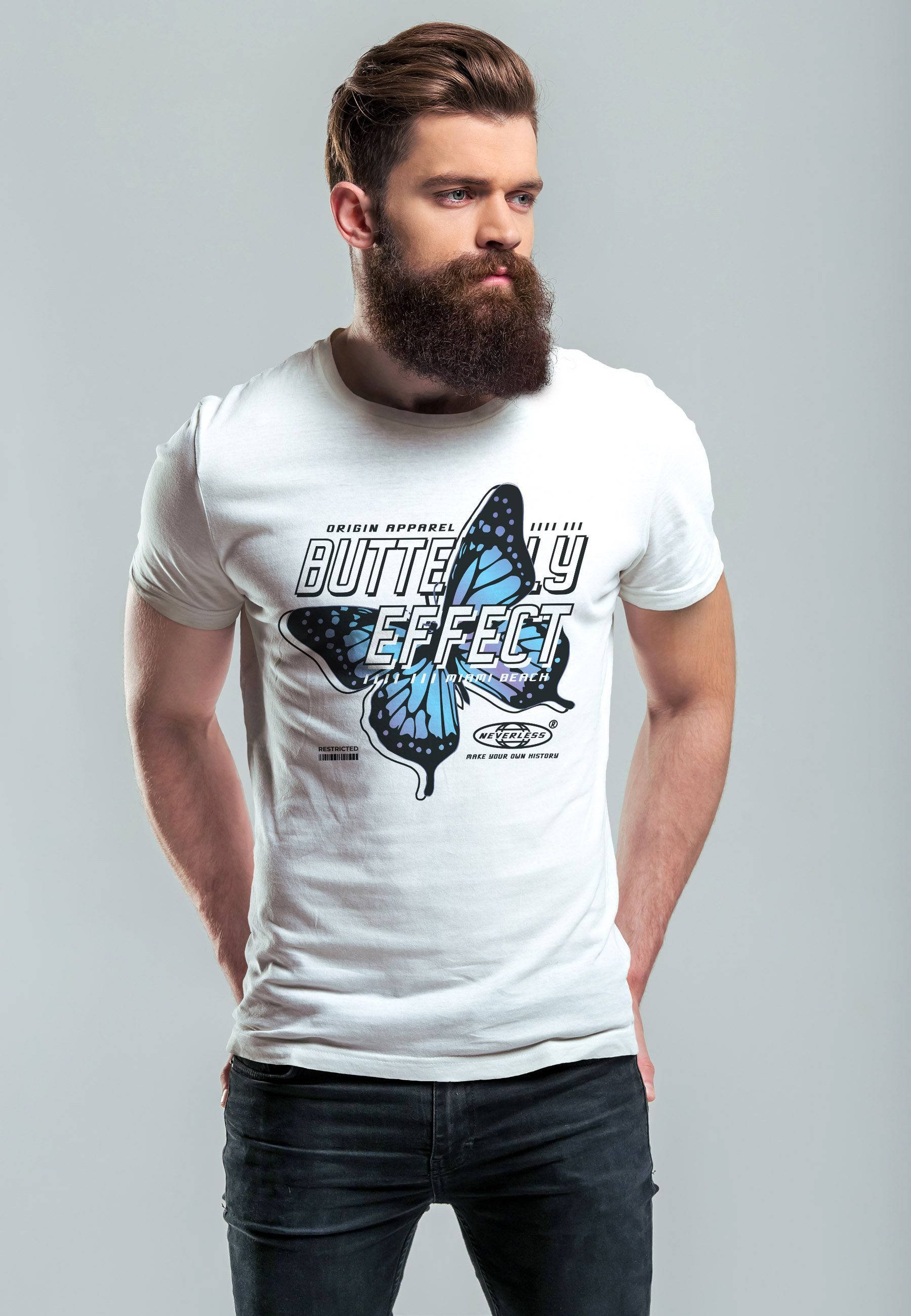 Neverless Print-Shirt Herren T-Shirt Bedruckt Schriftzug Butterfly Effect Schmetterling mit Print