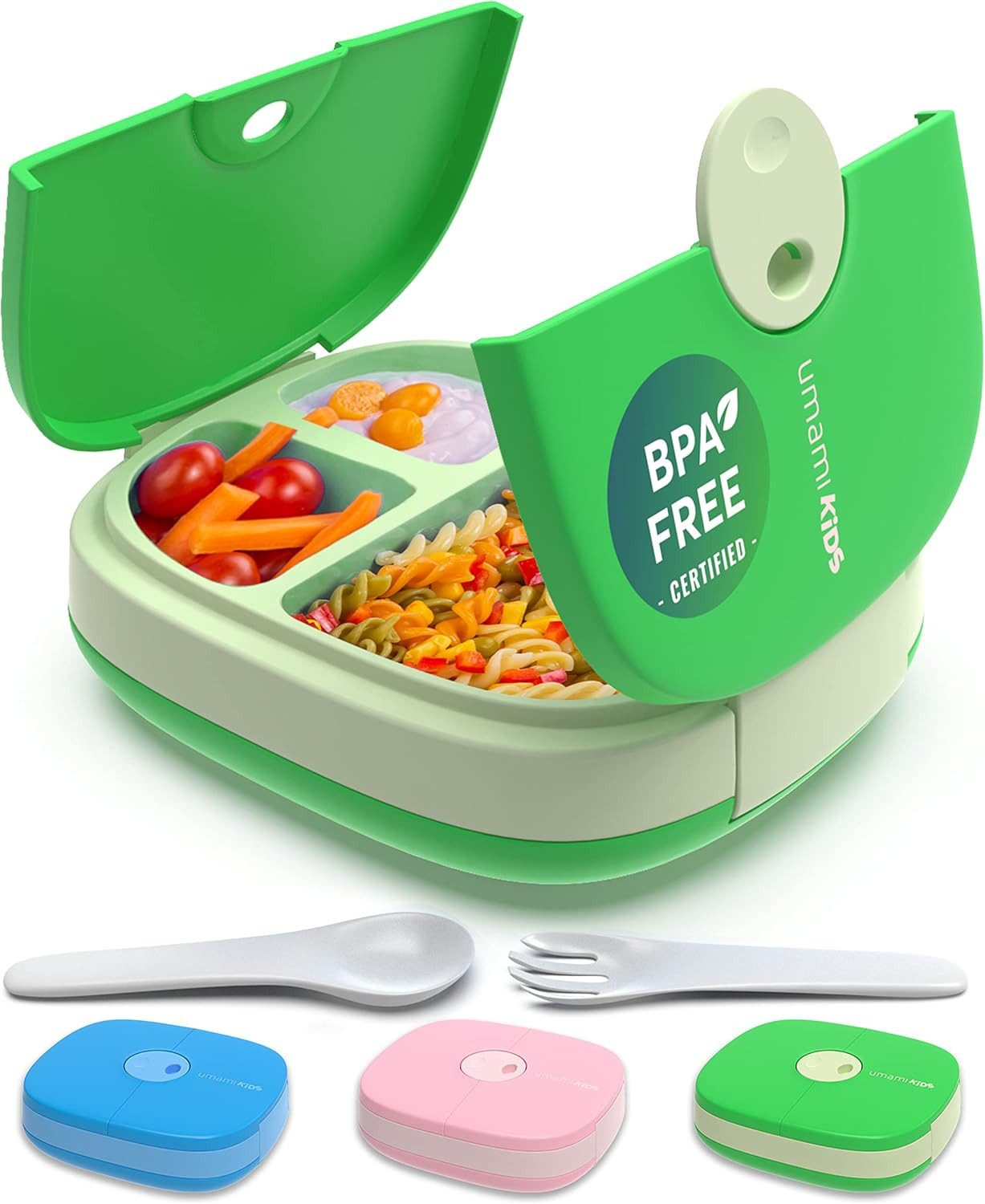 UMAMI Lunchbox Kids - mit Besteck, auslaufsicher, langlebig, Bento-Stil, (Kita-Jungen und Mädchen,BPA-frei, mikrowellen- und spülmaschinenfest), 3 große Fächer,ideale Portionsgrößen für 3 bis 9 Jahre