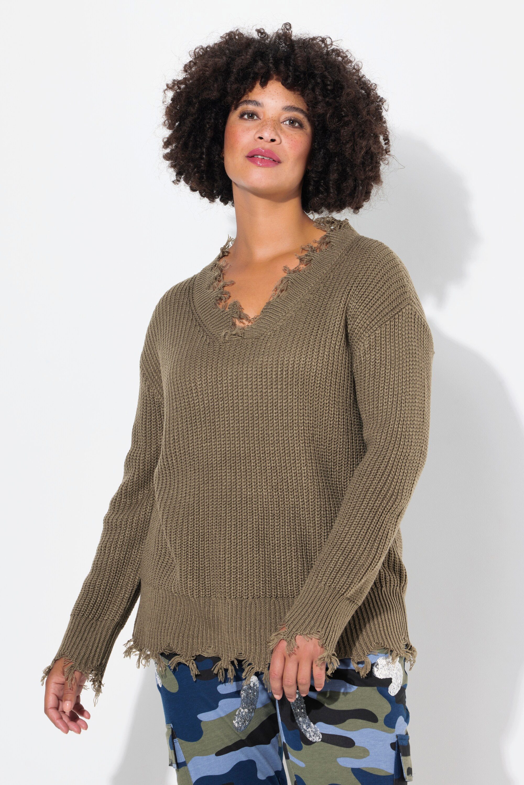 Strickpullover Pullover oversized Fransen Langarm