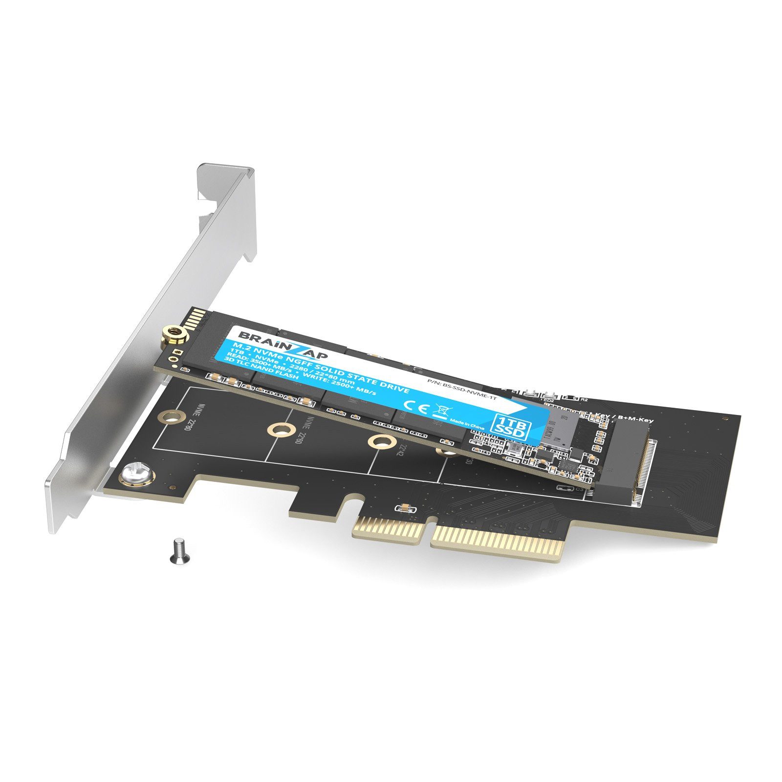 BRAINZAP M.2 NVMe PCIe Adapter Modulkarte PCI-Express zu M.2, M.2 NVMe, PCIe 3.0 x4, M Key, B+M Key
