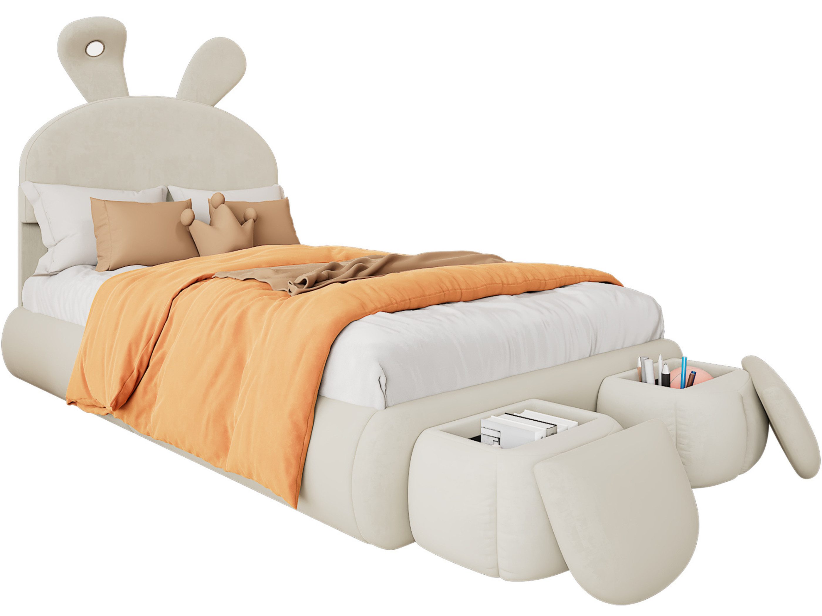SeedWave Polsterbett LED Einzelbett Hasenohren-Design Holzbett mit Stauhockern, 90×200cm (1 Bett ohne Matratze mit 2 Hockern), Einstellbare LED-Beleuchtung, Höhenverstellbar Kopfteil