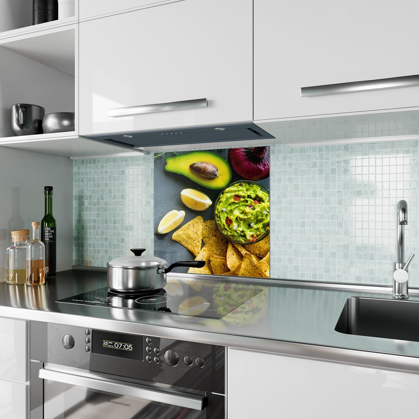 Küchenrückwand und Spritzschutz Avocado Motiv Glas mit Küchenrückwand Primedeco Nachos