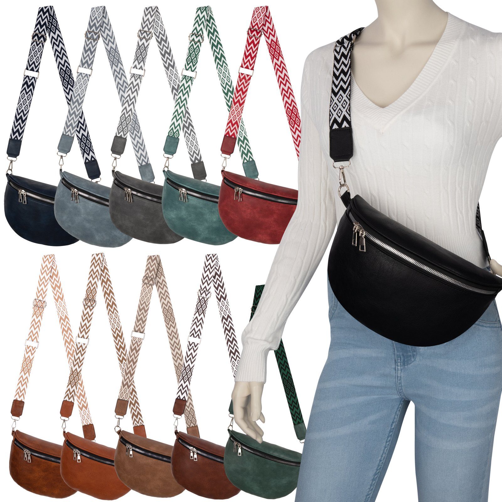 EAAKIE Gürteltasche Bauchtasche Umhängetasche Crossbody-Bag Kunstleder Italy-Design, als Schultertasche, CrossOver, Umhängetasche tragbar