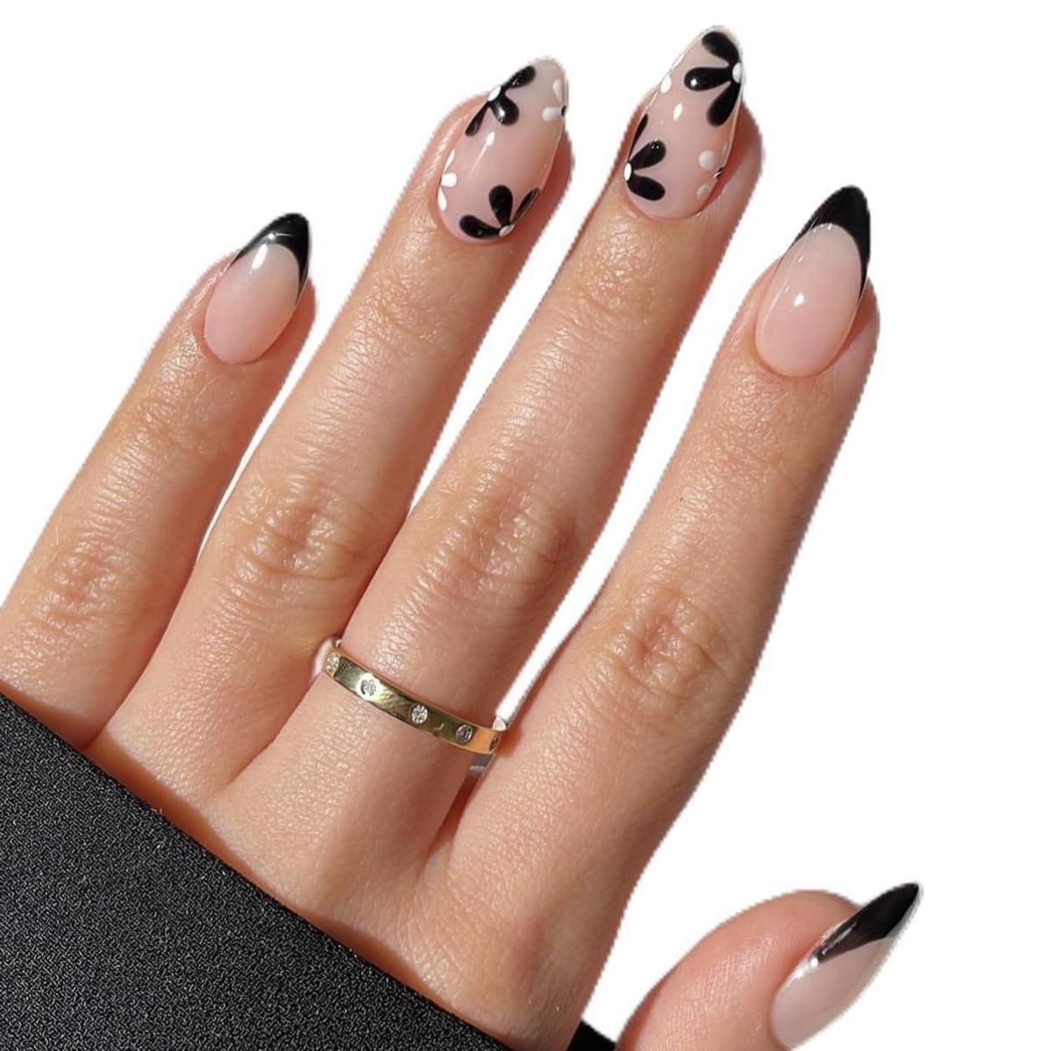 Kunstfingernägel 24 Stück Schwarze Blumenmuster Press On Nails Mandelförmige Kunst