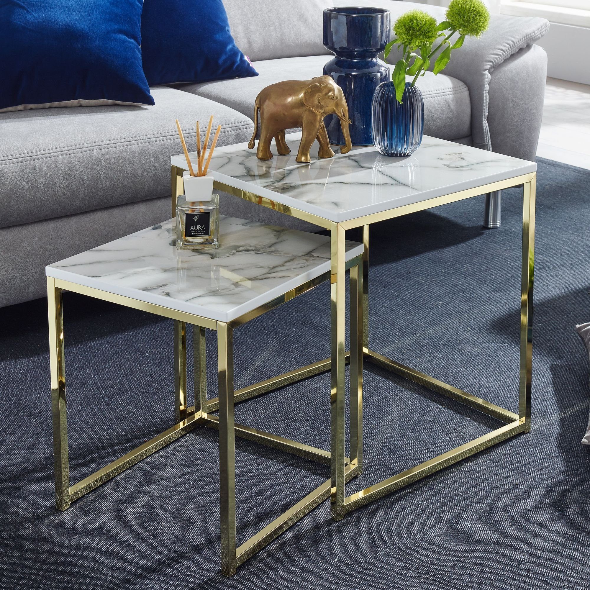 Beistelltisch Optik, möbelando 2er Optik Set Satztische Design Gold, Tischgestell Wohnzimmertische, Moderne Kleine Quadratisch Marmor Weiß Eckig, Marmor 2er Beistelltisch Set Couchtisch Satztisch 2-teilig Metall Weiß Design