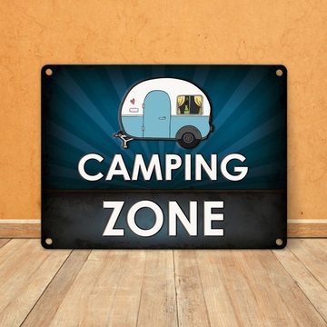 speecheese Metallschild Camping Zone Metallschild in blau mit Wohnwagen Motiv Wohnmobil