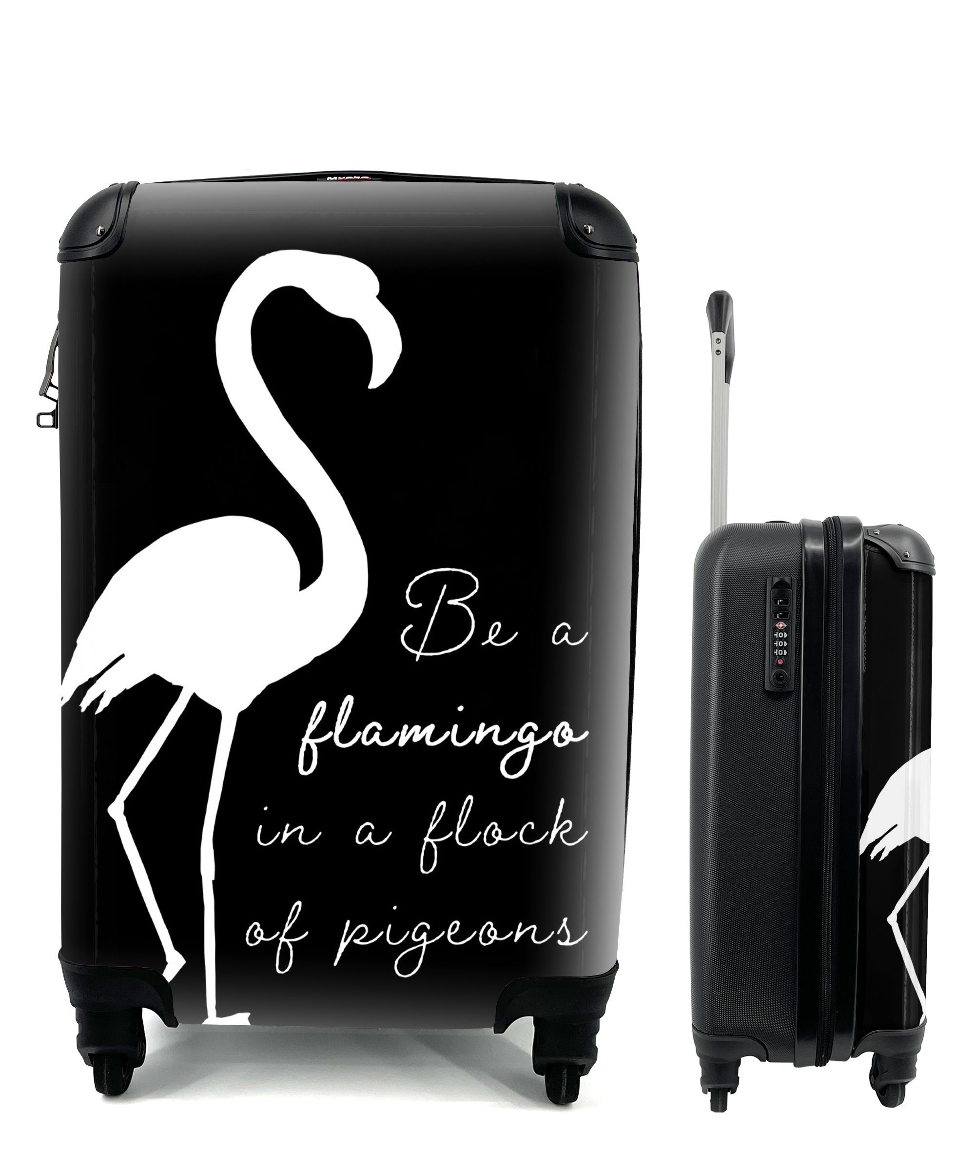 MuchoWow Handgepäckkoffer Flamingo - Schwarz - Weiß, 4 Rollen, Reisetasche mit rollen, Handgepäck für Ferien, Trolley, Reisekoffer