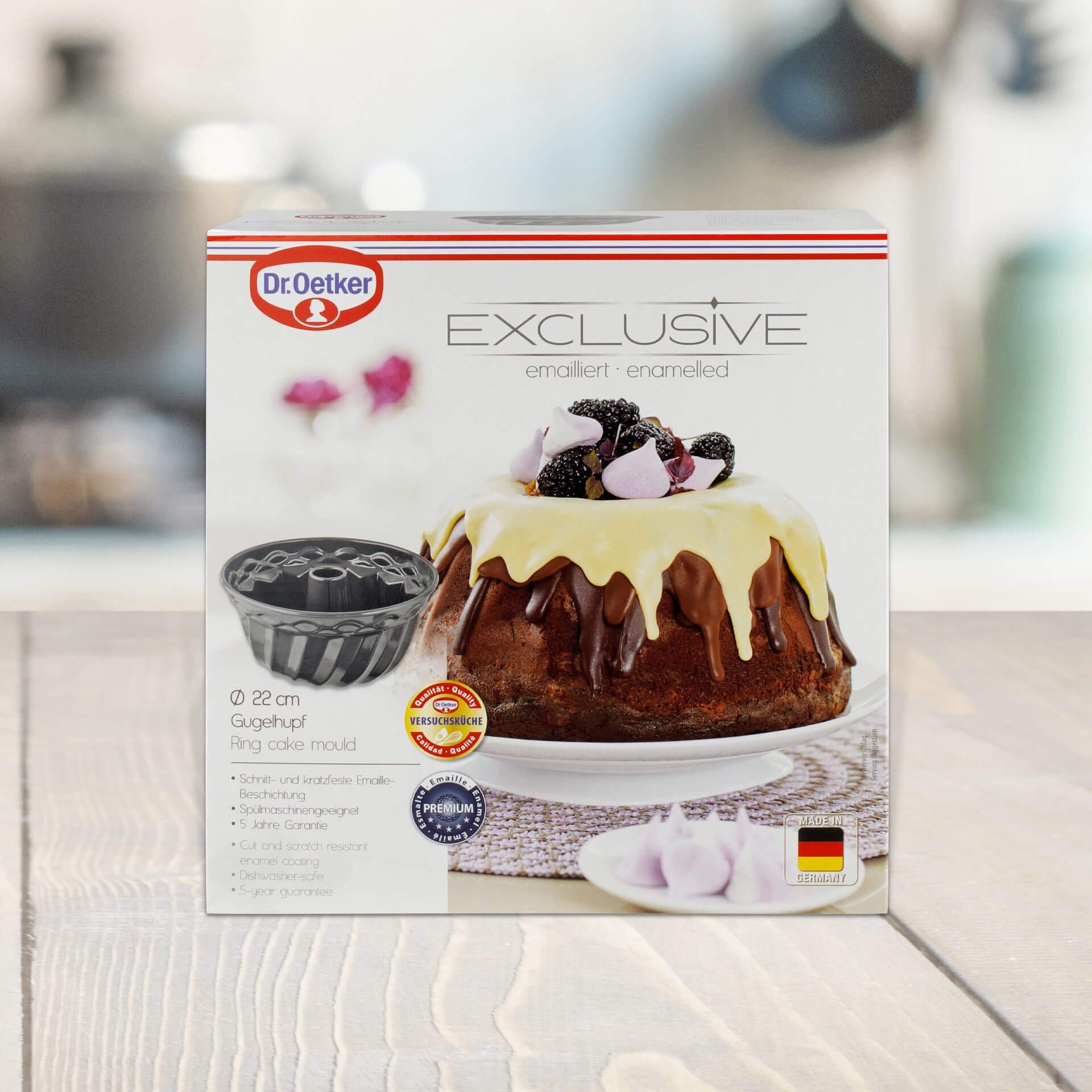 Dr. Oetker Küchenhelfer Gugelhupfform Exclusive, 22 cm, perfekt für gleichmäßige Backergebnisse, Aus emailliertem Stahlblech, kratzfest, bis 400°C, Made in Germany
