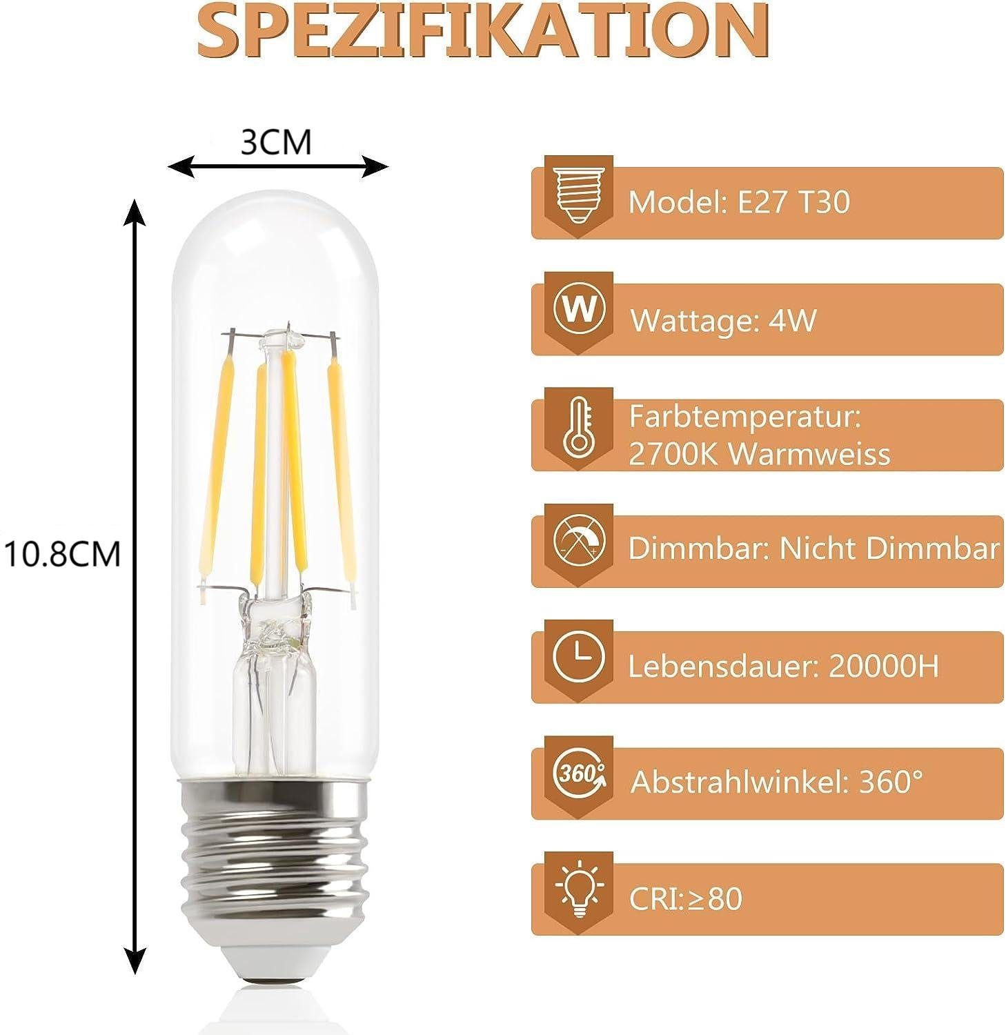E27, Birnen Nettlife LED Vintage 6 Lampe St., 4W T30 E27 Warmweiss Glühbirnen 2700K, LED-Leuchtmittel Warmweiss E27