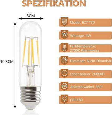 Nettlife LED-Leuchtmittel E27 LED Warmweiss Glühbirnen Vintage T30 Lampe E27 Birnen 4W 2700K, E27, 6 St., Warmweiss