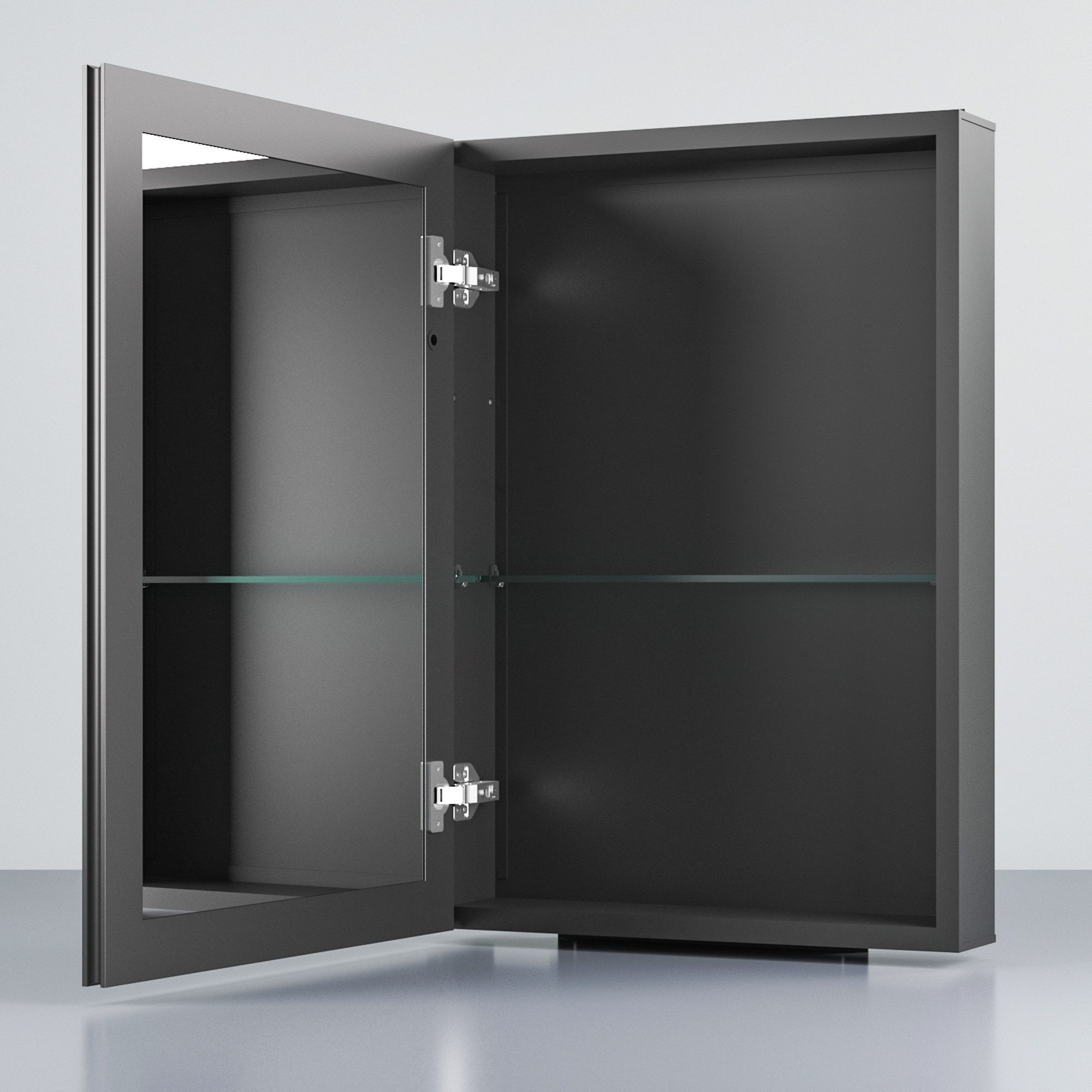 WDWRITTI Hängeschrank Schwarz matt Aluminium Badezimmerspiegelschrank mit ablage Eckig (Spiegelschrank mit Glasböden, Doppelseitiger Spiegel) Softclose-Scharnieren, vormontiert geliefert
