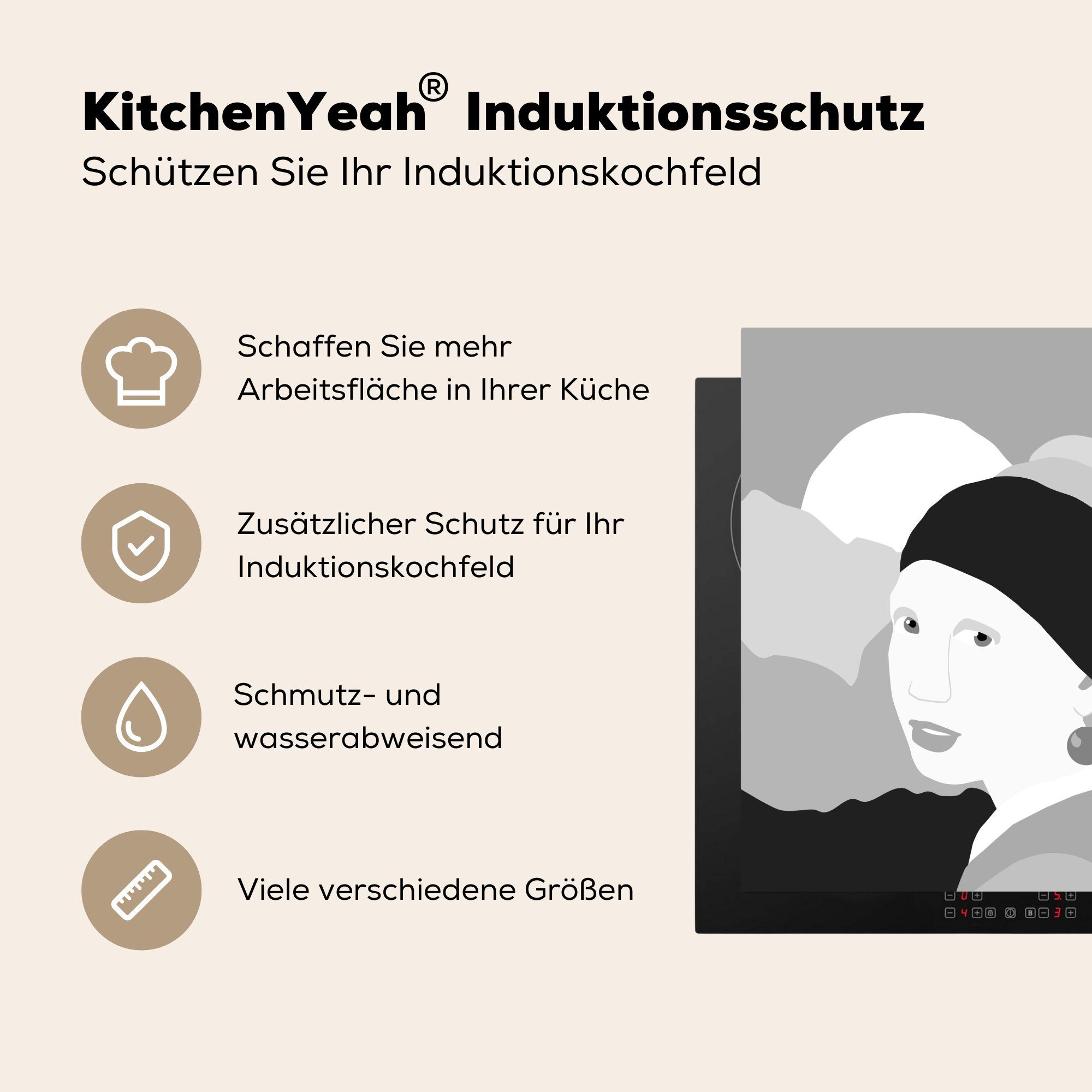 MuchoWow Herdblende-/Abdeckplatte Girl With A küche Sonne, Schwarz (1 für - - tlg), - Vinyl, cm, Earring 78x78 Pearl Weiß Arbeitsplatte Ceranfeldabdeckung